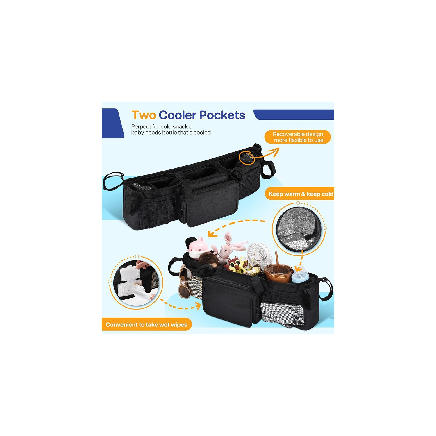 Double Stroller Storage Bag with Two Pockets, Stroller Accessory for New Parents