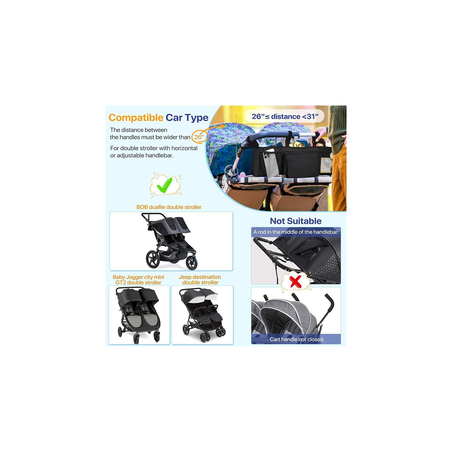 Double Stroller Storage Bag with Two Pockets, Stroller Accessory for New Parents