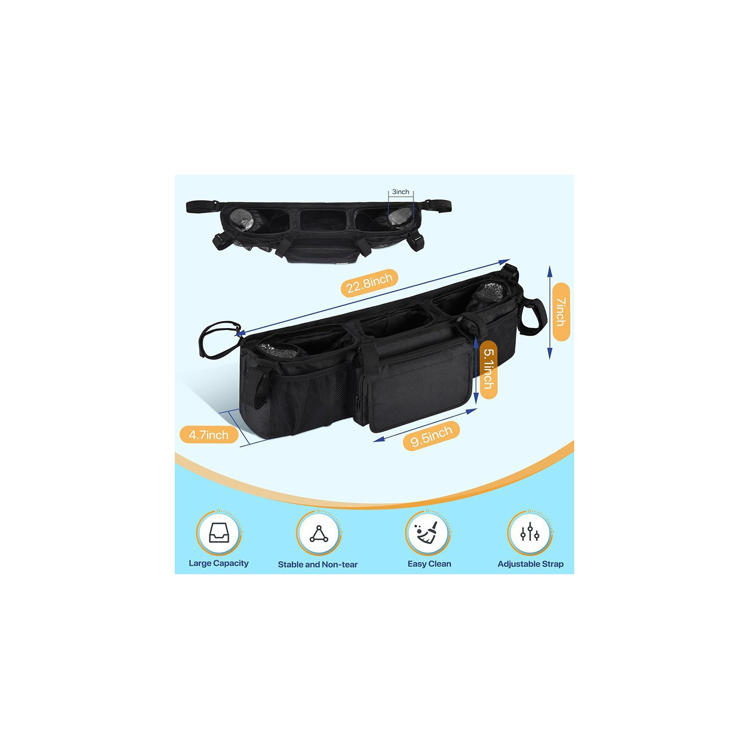 Double Stroller Storage Bag with Two Pockets, Stroller Accessory for New Parents