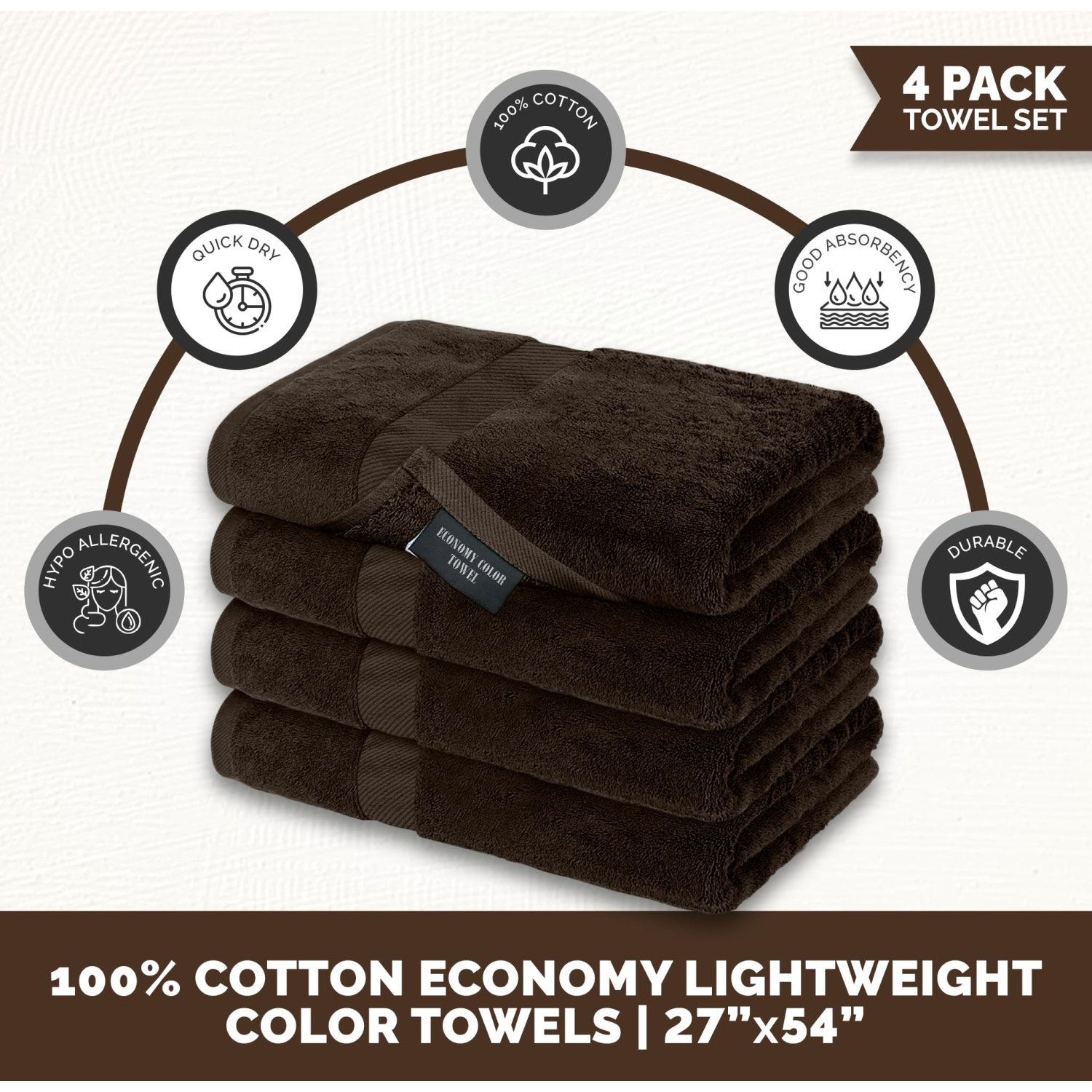 Canadian Linen Economy – Ensemble de 4 serviettes de bain 27 x 54 po 100 % coton couleur éponge doux absorbant, léger, séchage rapide pour Hotel