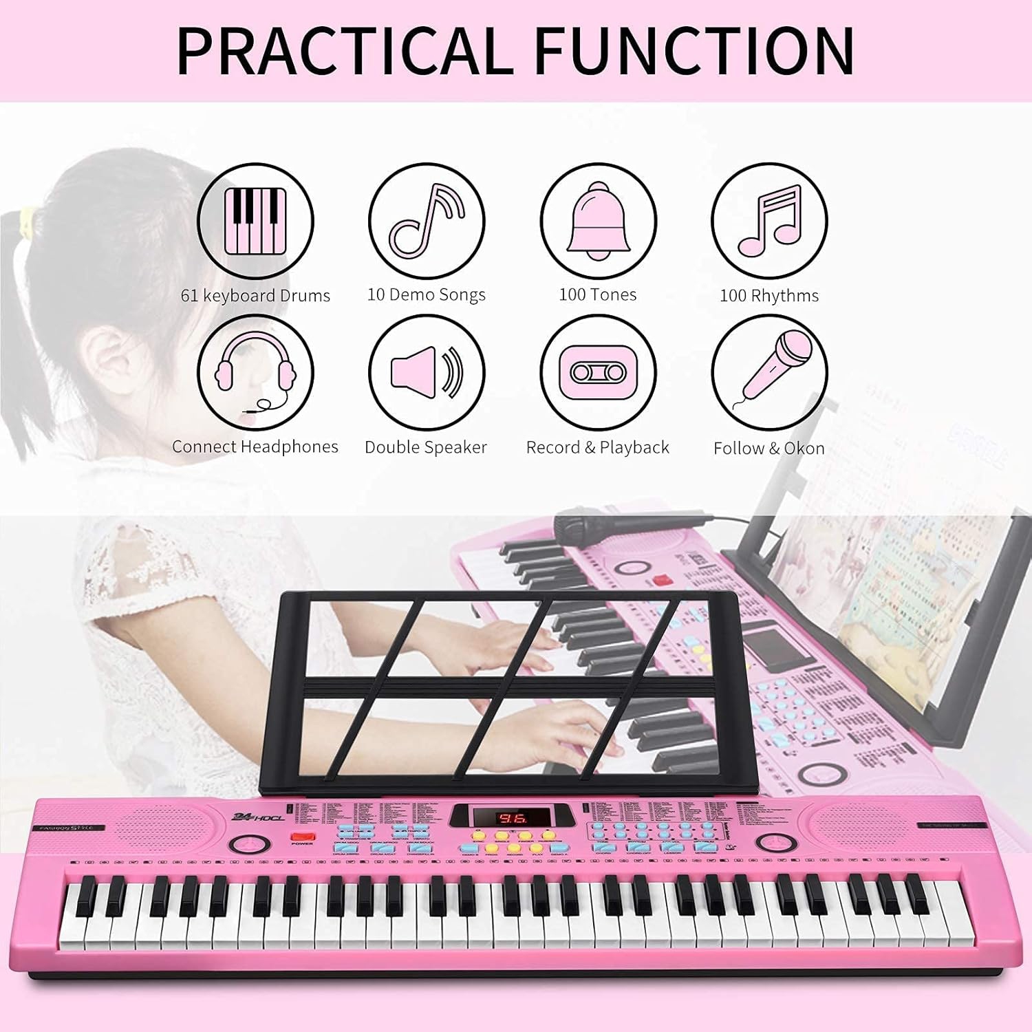 24HOCL Kids Piano Keyboard, 61 Key Electronic Keyboard Portable Digital Music Keyboard, Learning Keyboard with Microphone Music Sheet Stand UL