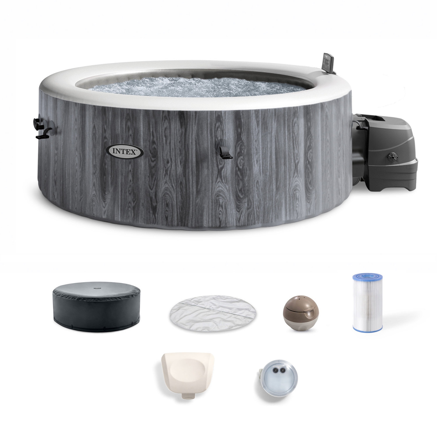 Intex – Ensemble de spa PureSpa Greywood de luxe à 140 jets à bulles avec couvercle, 77 x 28&nbsp;po