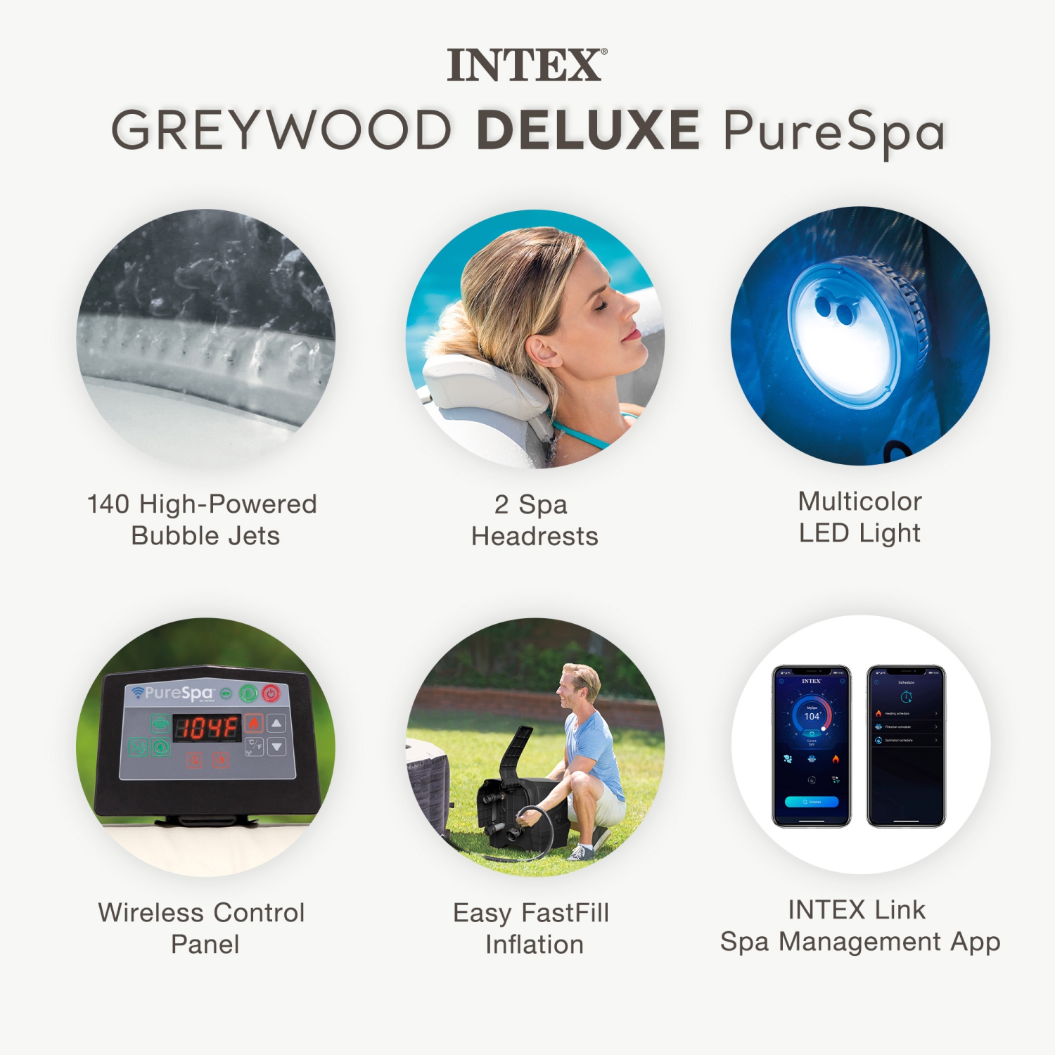 Intex – Ensemble de spa PureSpa Greywood de luxe à 140 jets à bulles avec couvercle, 77 x 28&nbsp;po
