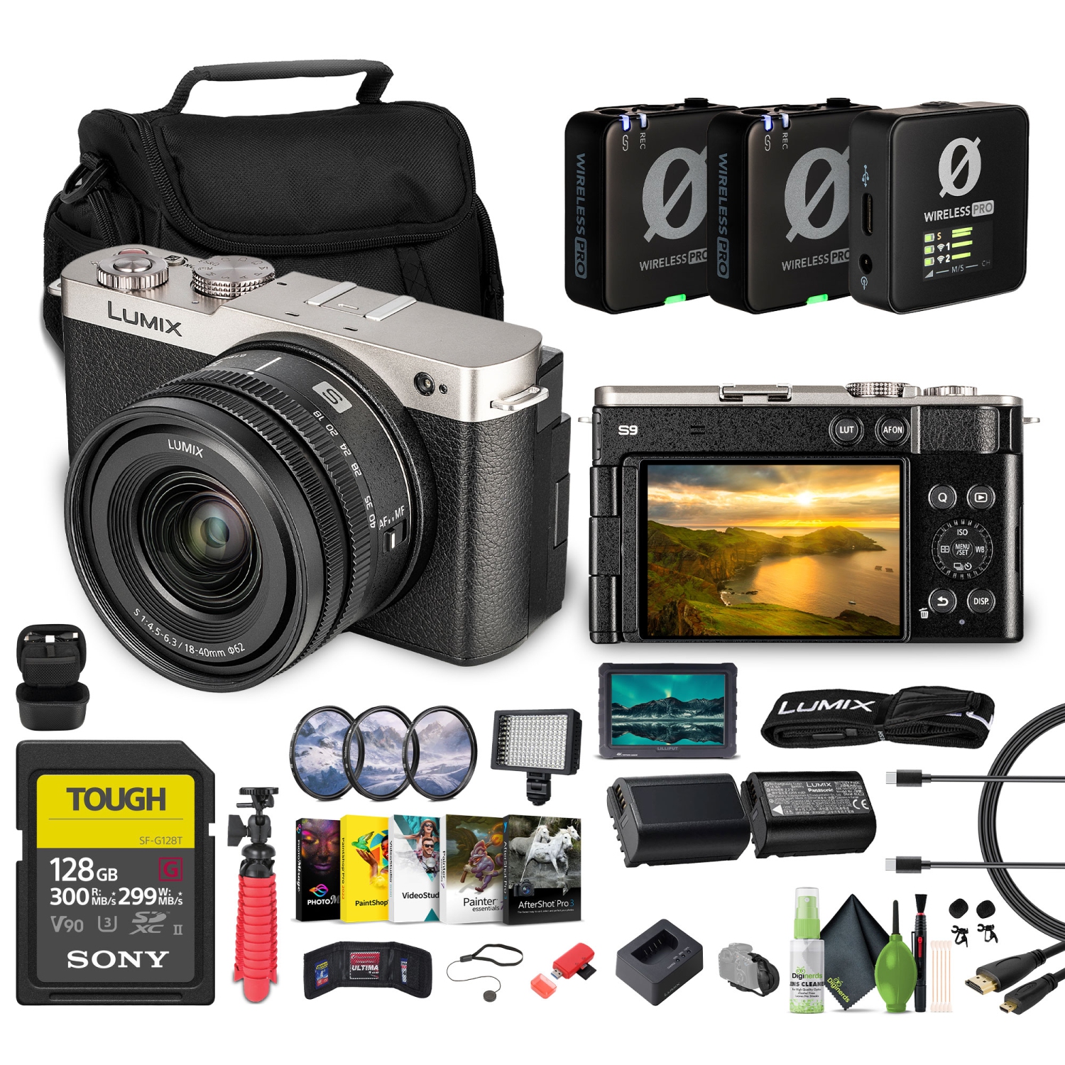 Appareil photo Lumix S9Camera de Panasonic avec objectif 18-40&nbsp;mm f/4,5-6,3, carte mémoire 128&nbsp;Go