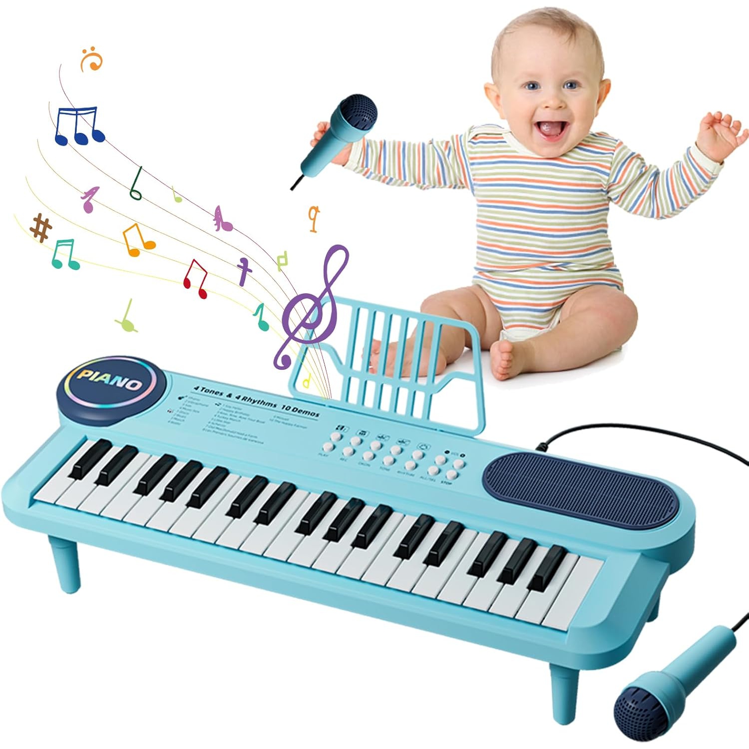 Piano Keyboard for Kids, 37 Keys Electronic Music Keyboard with Microphone & Music Stand, Portable Instrument Grand Piano for Beginners, Age 1-3,