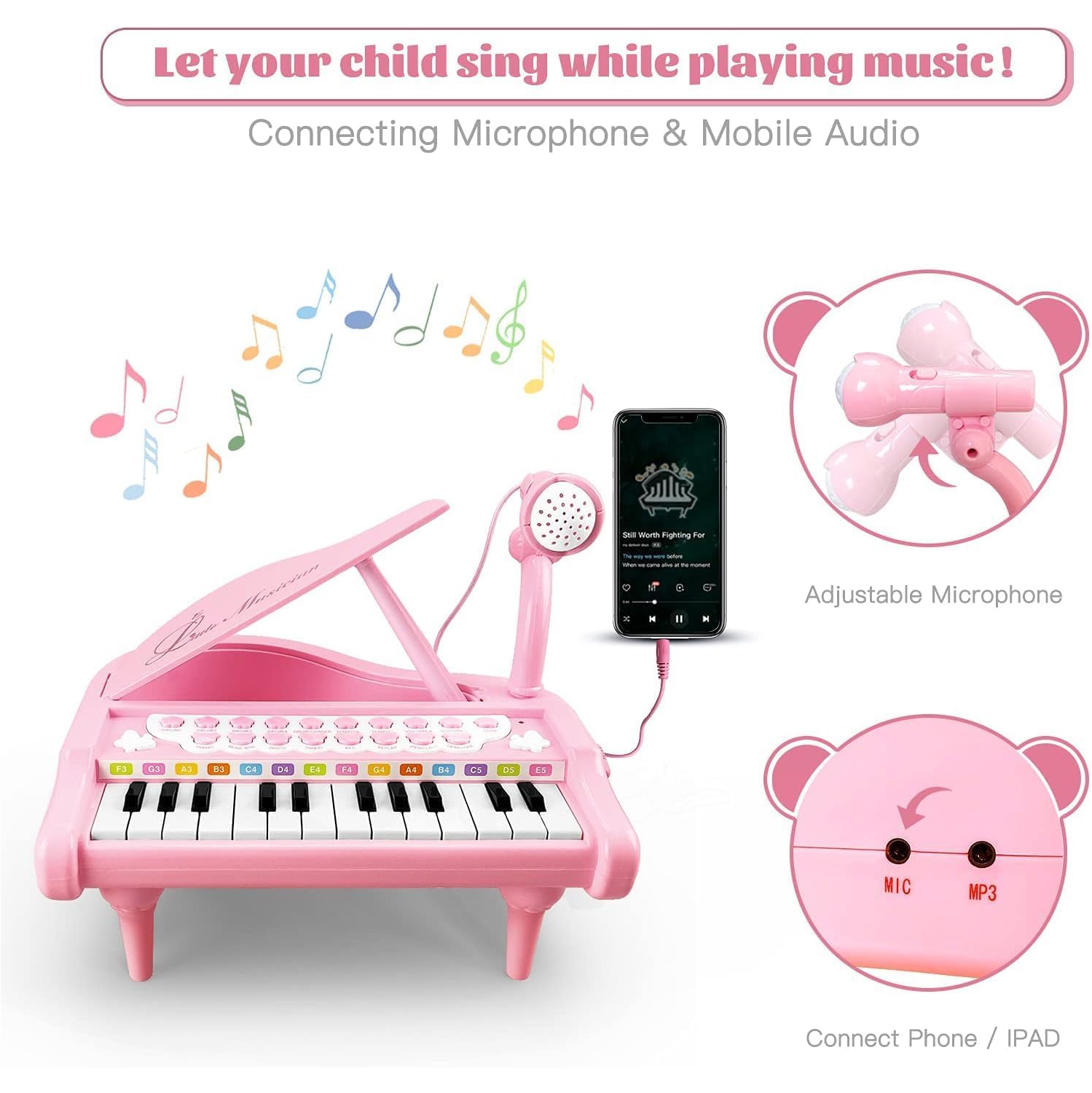 Love&Mini Kids Piano Keyboard Toy 24 Keys Black Electronic Educational Musical Instrument with Microphone