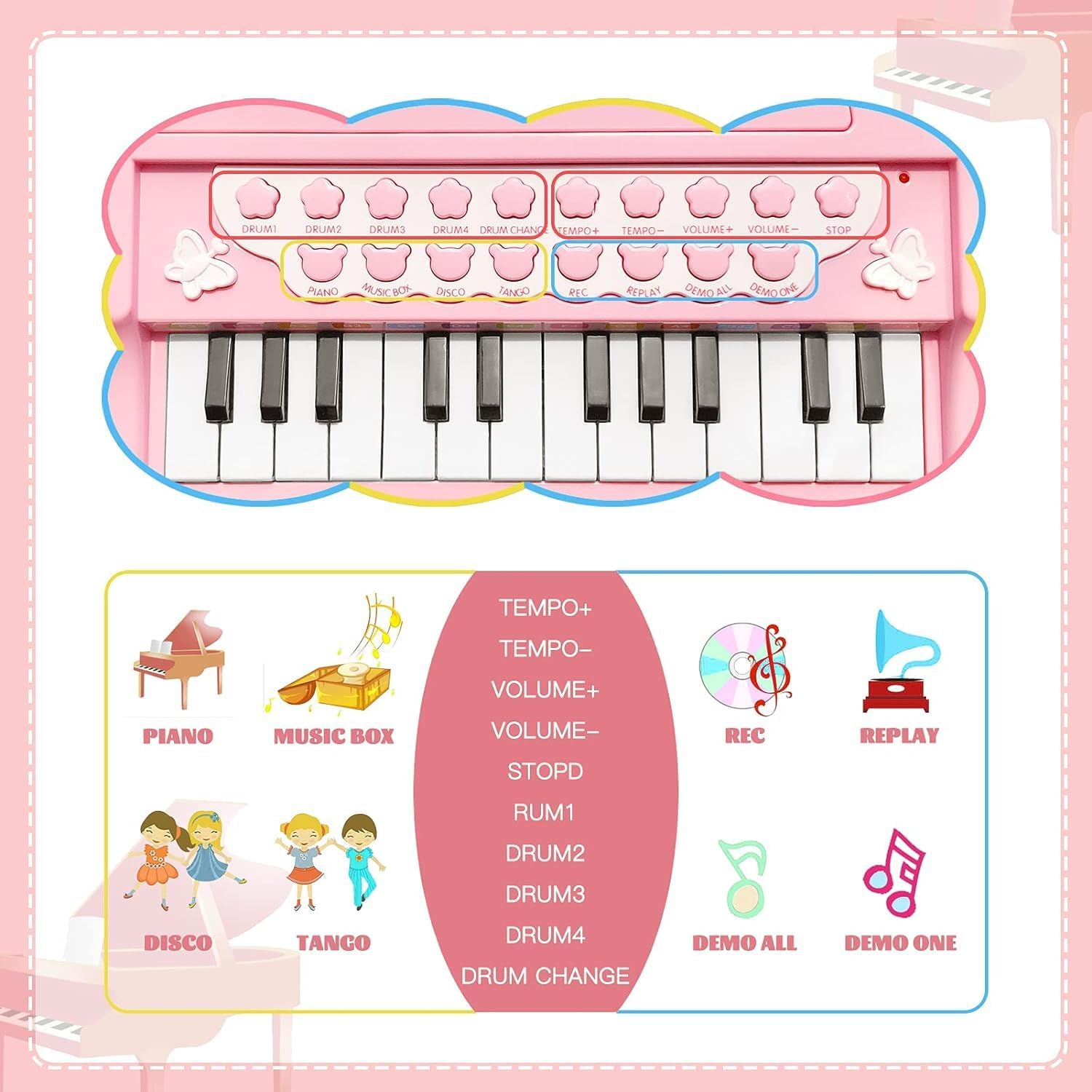 Love&Mini Kids Piano Keyboard Toy 24 Keys Black Electronic Educational Musical Instrument with Microphone