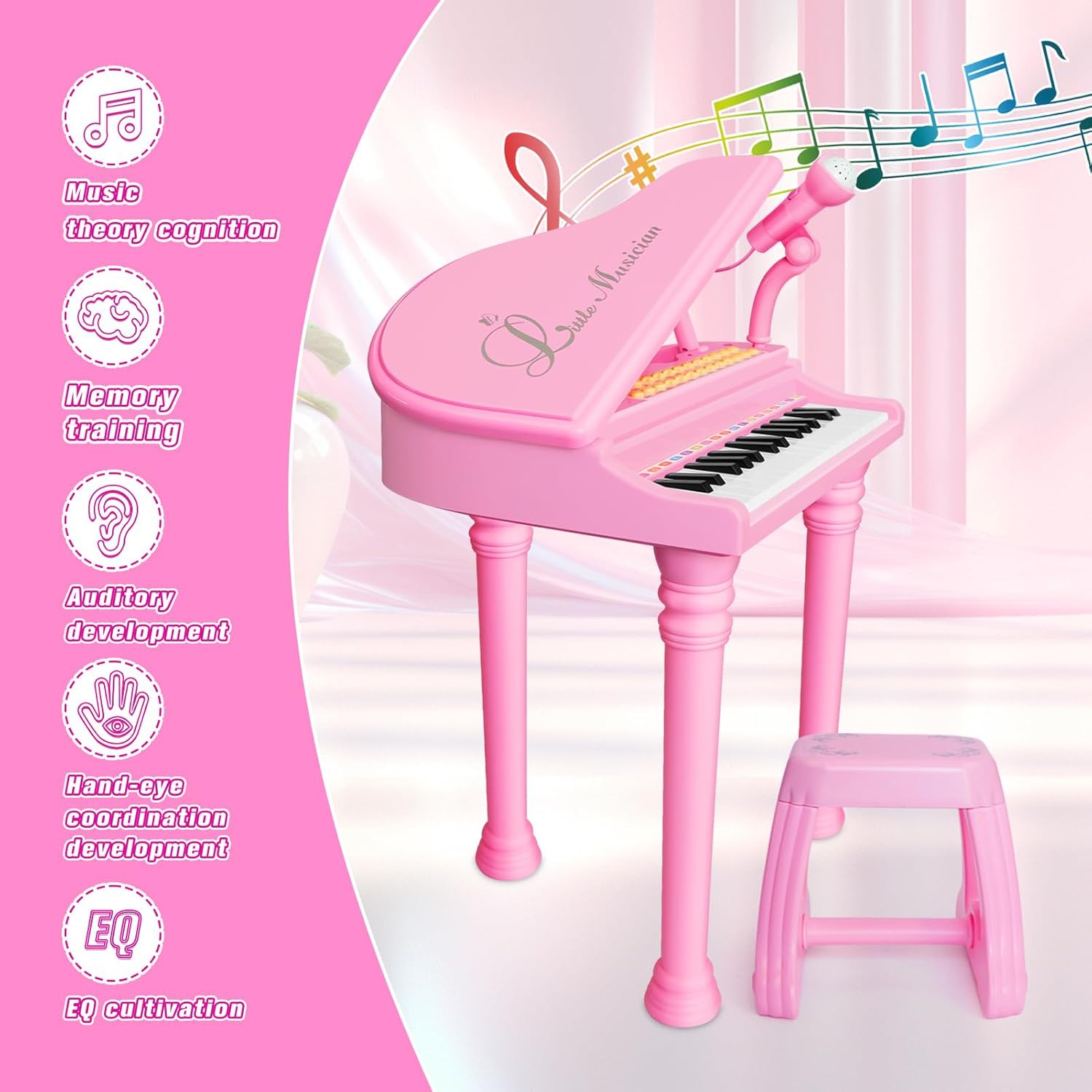 Love&Mini Piano Toy Keyboard 31 Keys for Kids Birthday Gift Pink Music Instruments with Microphone