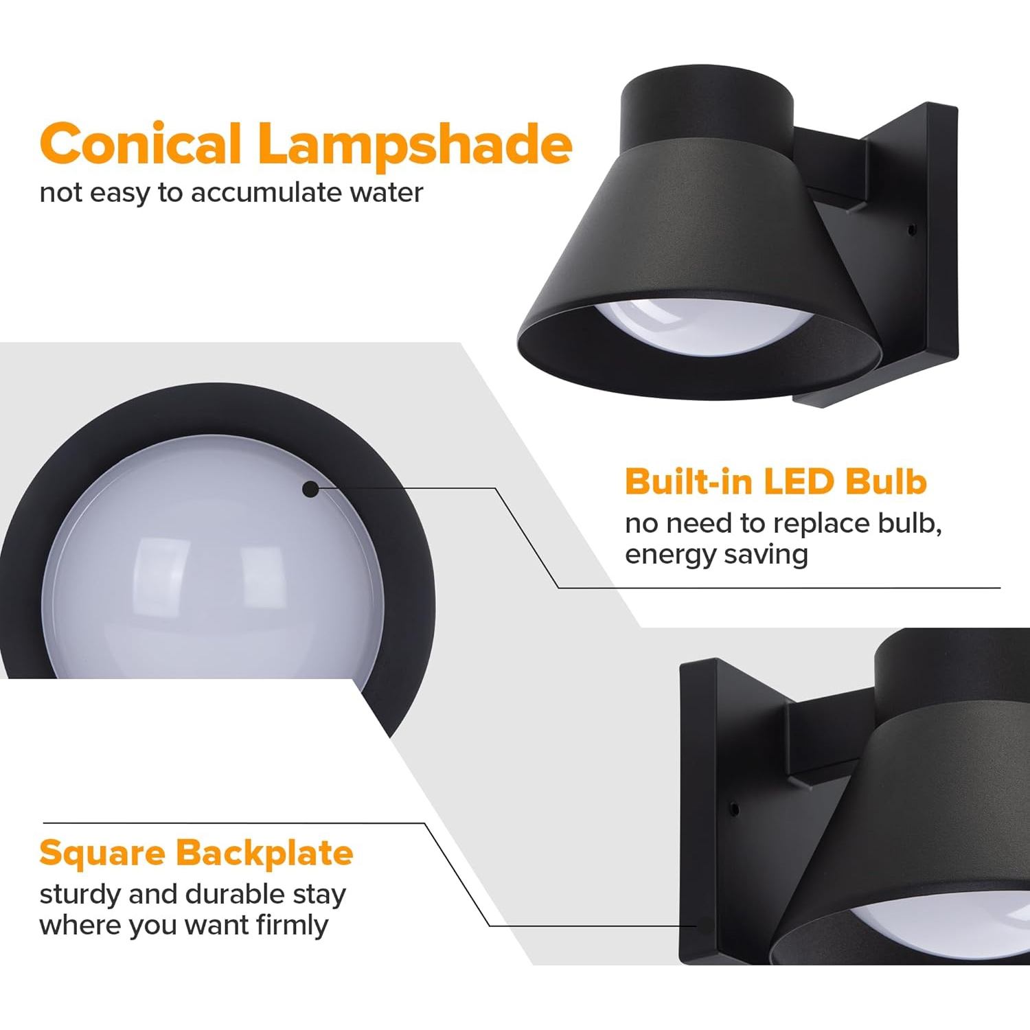 Ensemble de 2 luminaires muraux extérieurs LED, éclairage mural noir pour véranda avant, applique murale extérieure étanche pour terrasse, applique