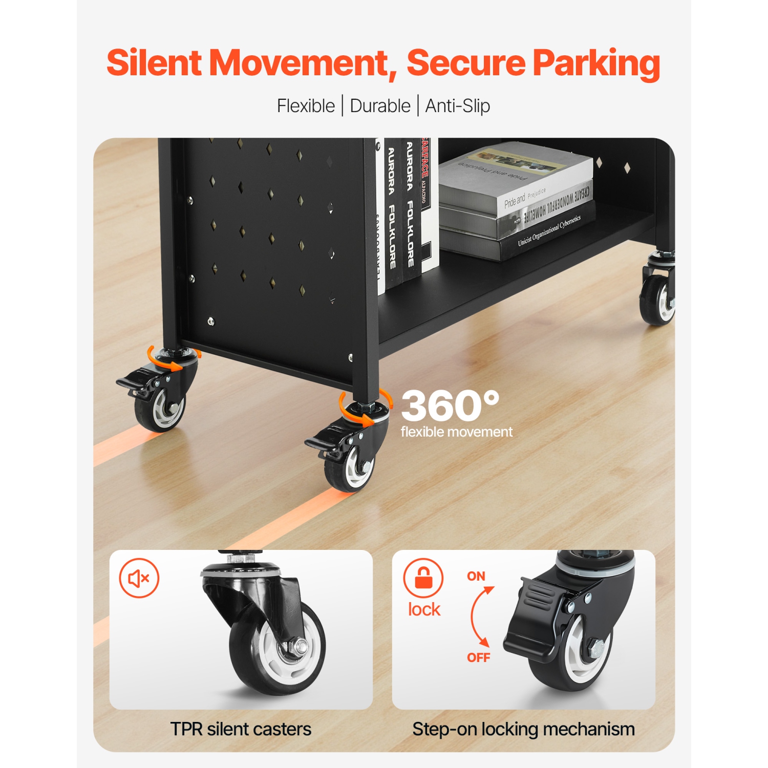 Chariot à livres à roulettes pour bibliothèque VEVOR 330&nbsp;lb, chariot de bibliothèque 30,3 x 15 x 48,0&nbsp;po, tablettes en L à un côté avec