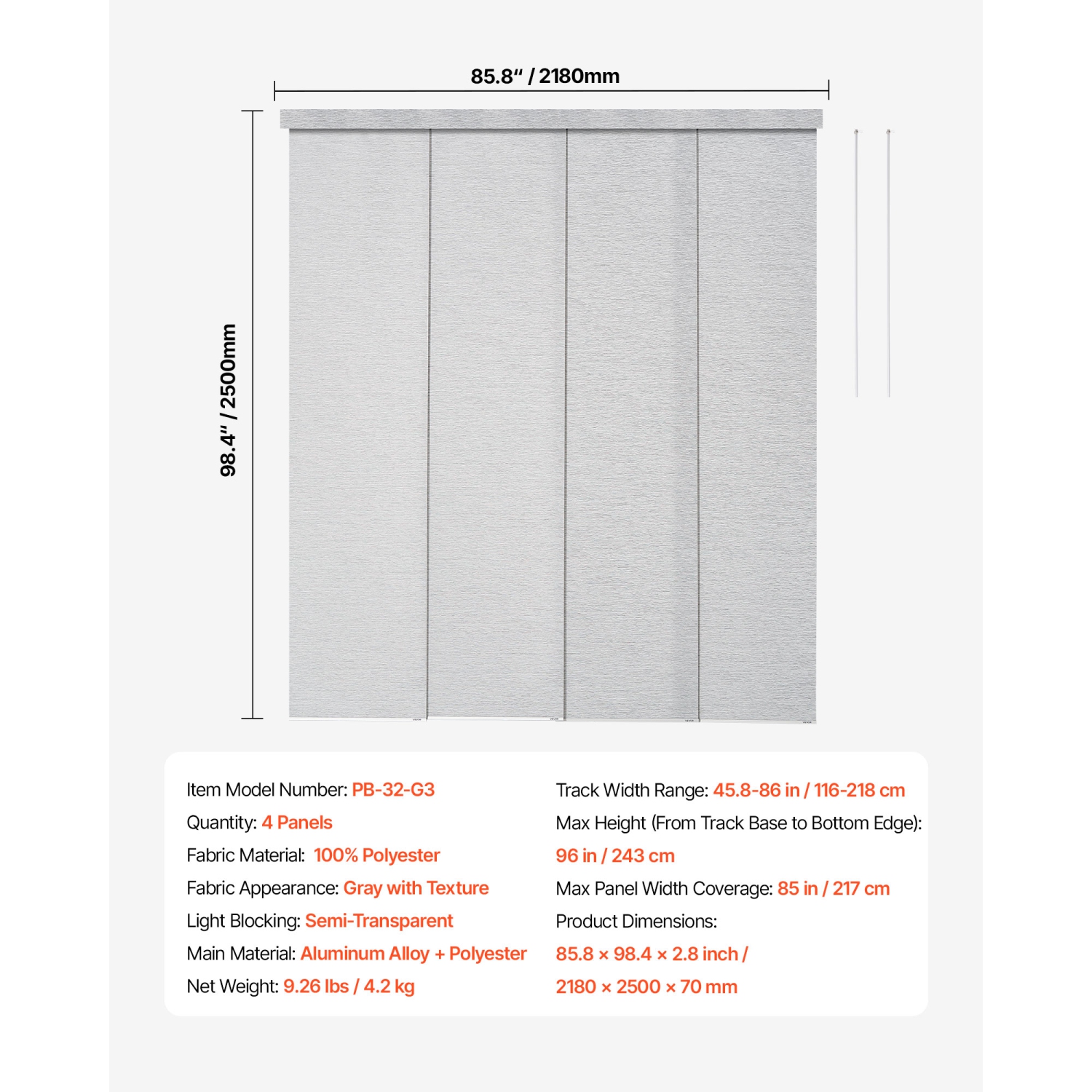 VEVOR 45.8 in to 86 in W Panel Track Blinds, Trimmable Panel Curtains Up to 96 in H, Adjustable Vertical Panel Blinds for Sliding Doors, Patio Doors,