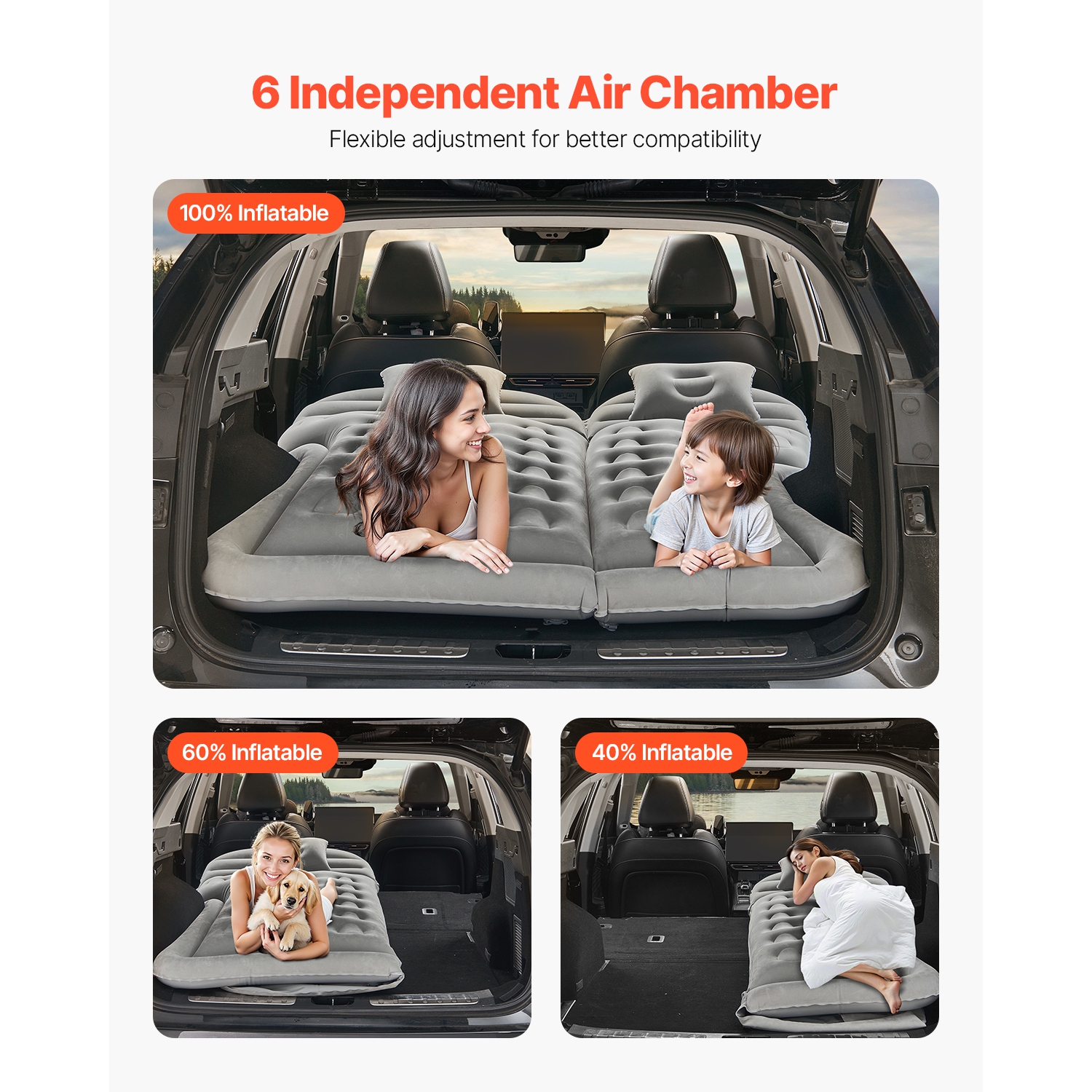 VEVOR Car Air Mattress, Inflatable Car Camping Mattress, Flocking Thickened Travel Beds, Comfortable and Durable Portable Sleeping Pad with Air Pump,