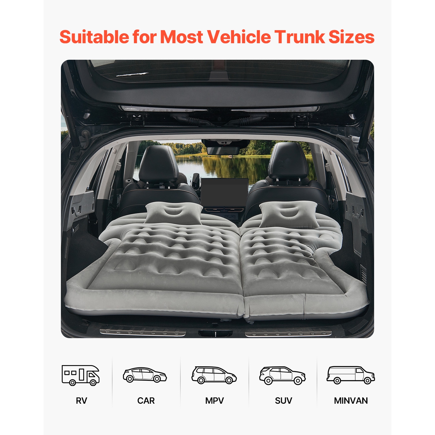 VEVOR Car Air Mattress, Inflatable Car Camping Mattress, Flocking Thickened Travel Beds, Comfortable and Durable Portable Sleeping Pad with Air Pump,