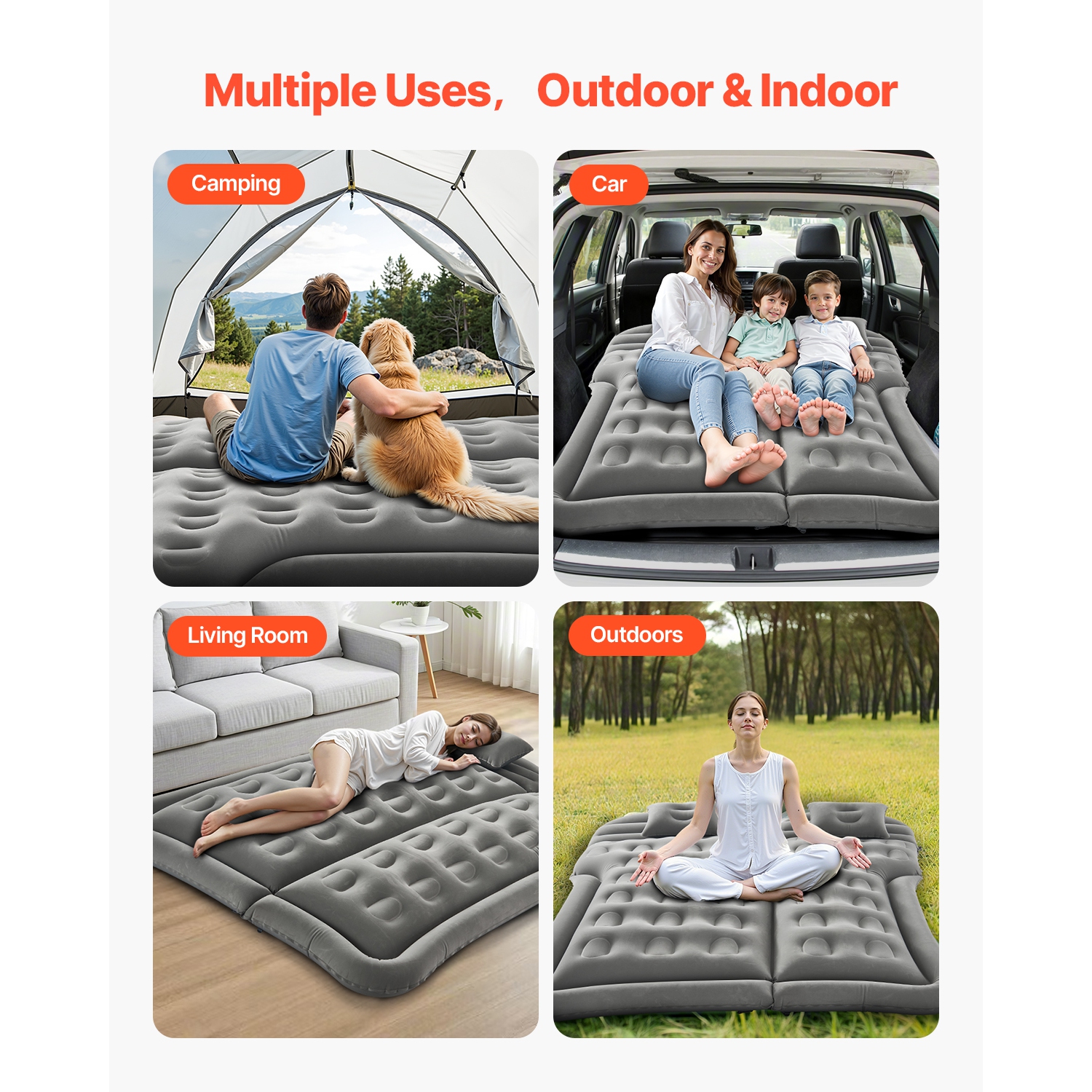 VEVOR Car Air Mattress, Inflatable Car Camping Mattress, Flocking Thickened Travel Beds, Comfortable and Durable Portable Sleeping Pad with Air Pump,