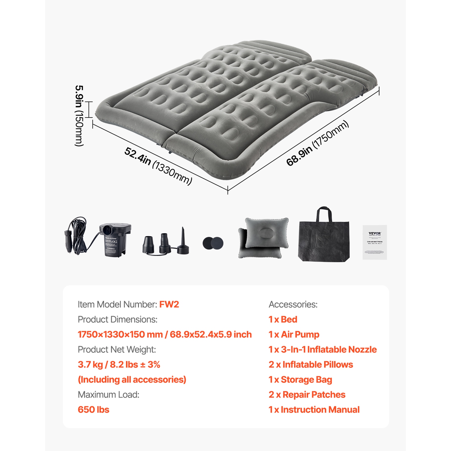 VEVOR Car Air Mattress, Inflatable Car Camping Mattress, Flocking Thickened Travel Beds, Comfortable and Durable Portable Sleeping Pad with Air Pump,