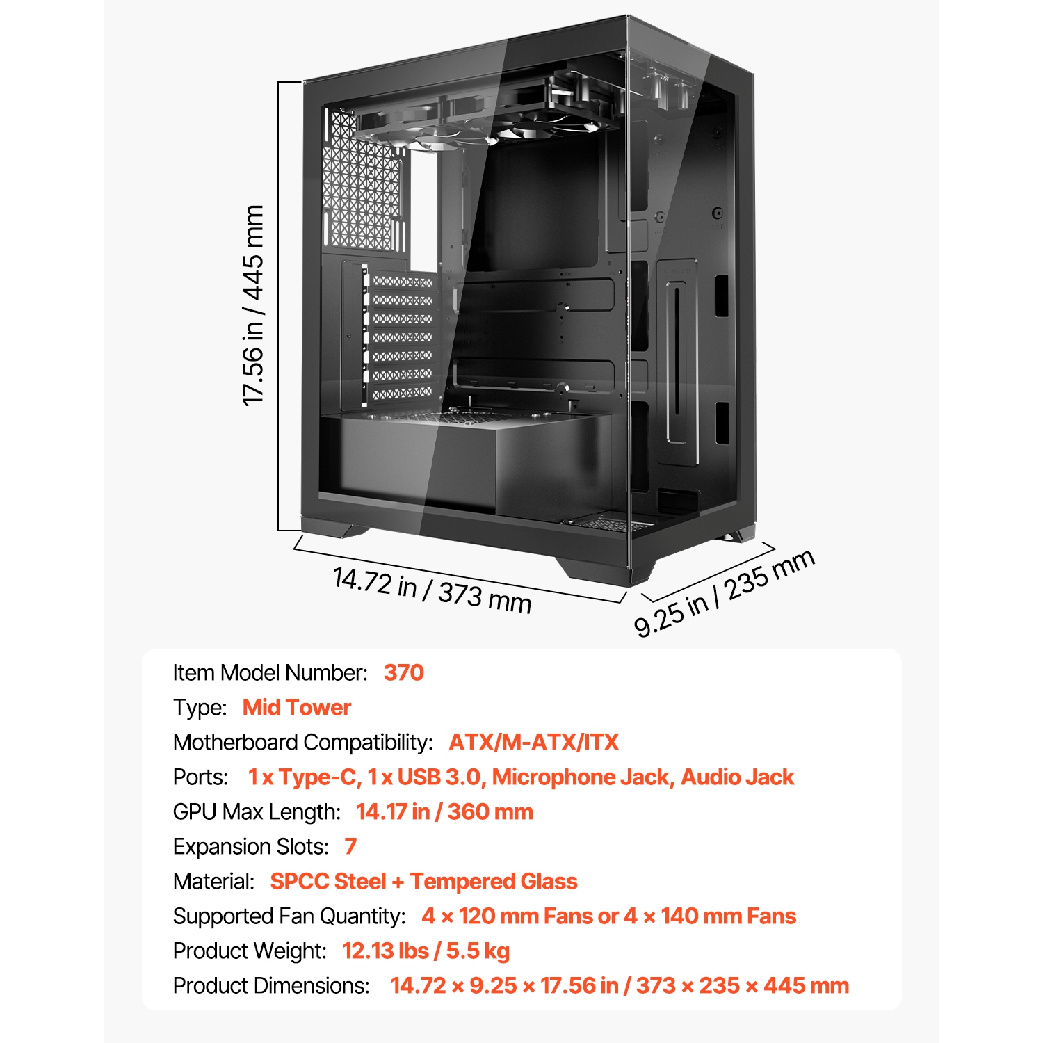 VEVOR PC Gaming Case, Mid-Tower, Computer Case with High-Airflow Tempered Glass Panel, Dust Filter, 2 x 120 mm Fans, for GPU up to 360 mm in Length,