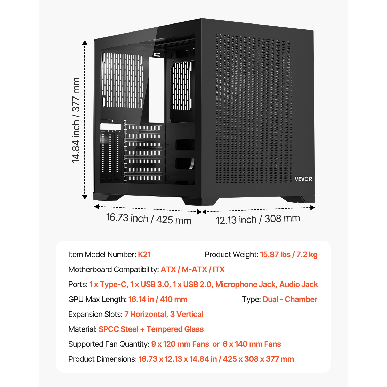 VEVOR Mid-Tower PC Case, Dual Chamber, Gaming Computer Case with Tempered Glass Panels, Magnetic Dust Filter, for GPU up to 410 mm in Length,