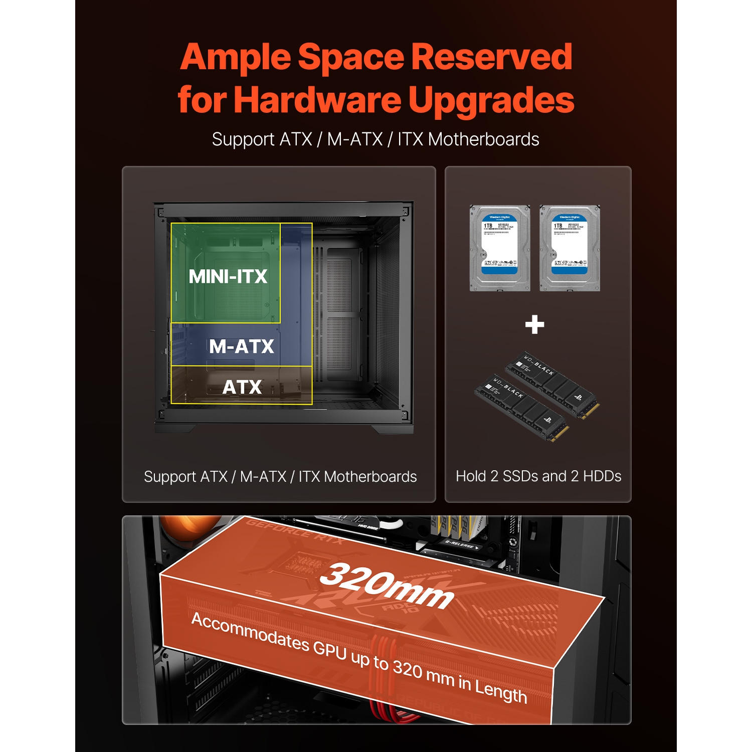 VEVOR PC Gaming Case, Mid-Tower, Computer Case with High-Airflow Tempered Glass Panel, Dust Filter, 3 x 120 mm ARGB Fans, for GPU up to 320 mm in