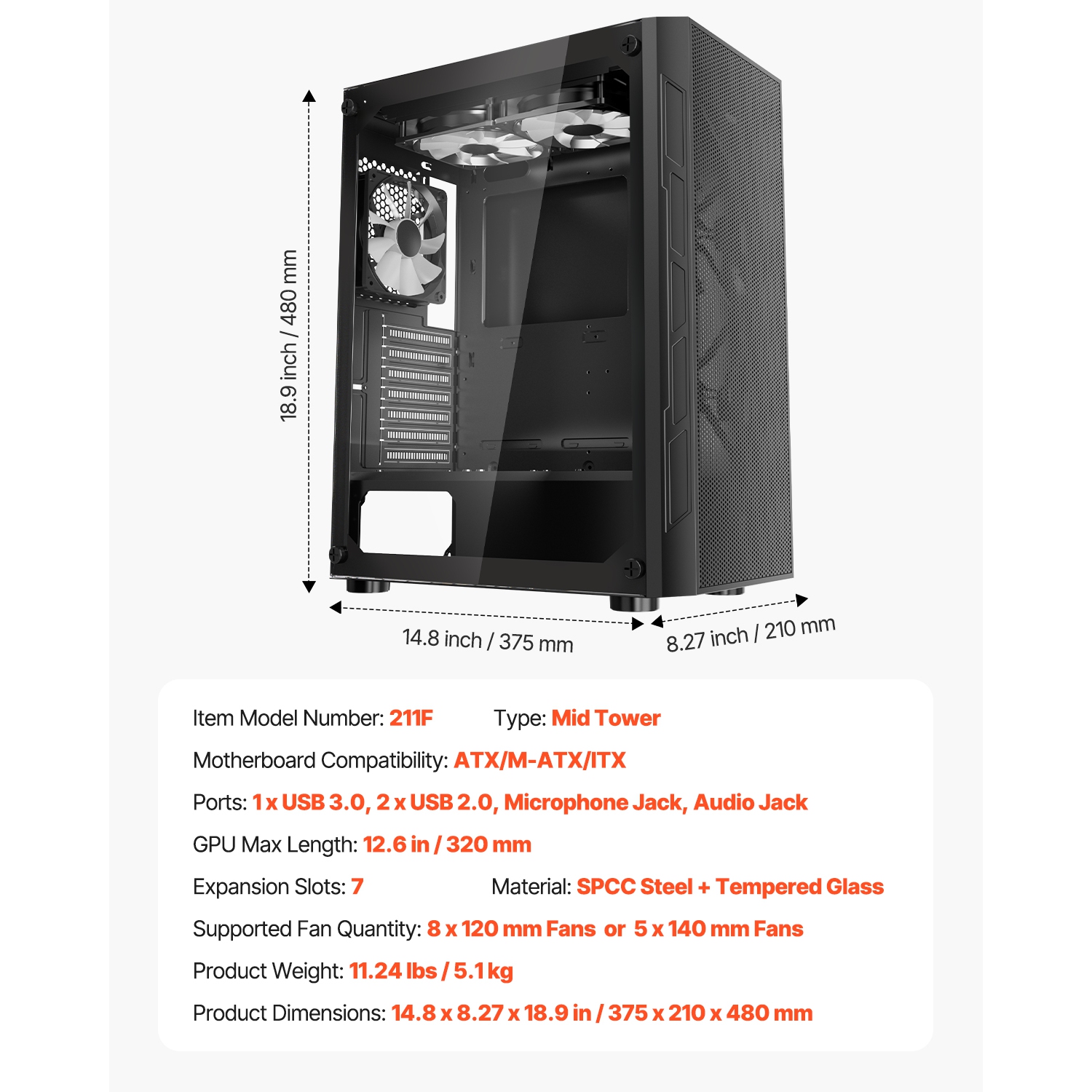 VEVOR PC Gaming Case, Mid-Tower, Computer Case with High-Airflow Tempered Glass Panel, Dust Filter, 3 x 120 mm ARGB Fans, for GPU up to 320 mm in