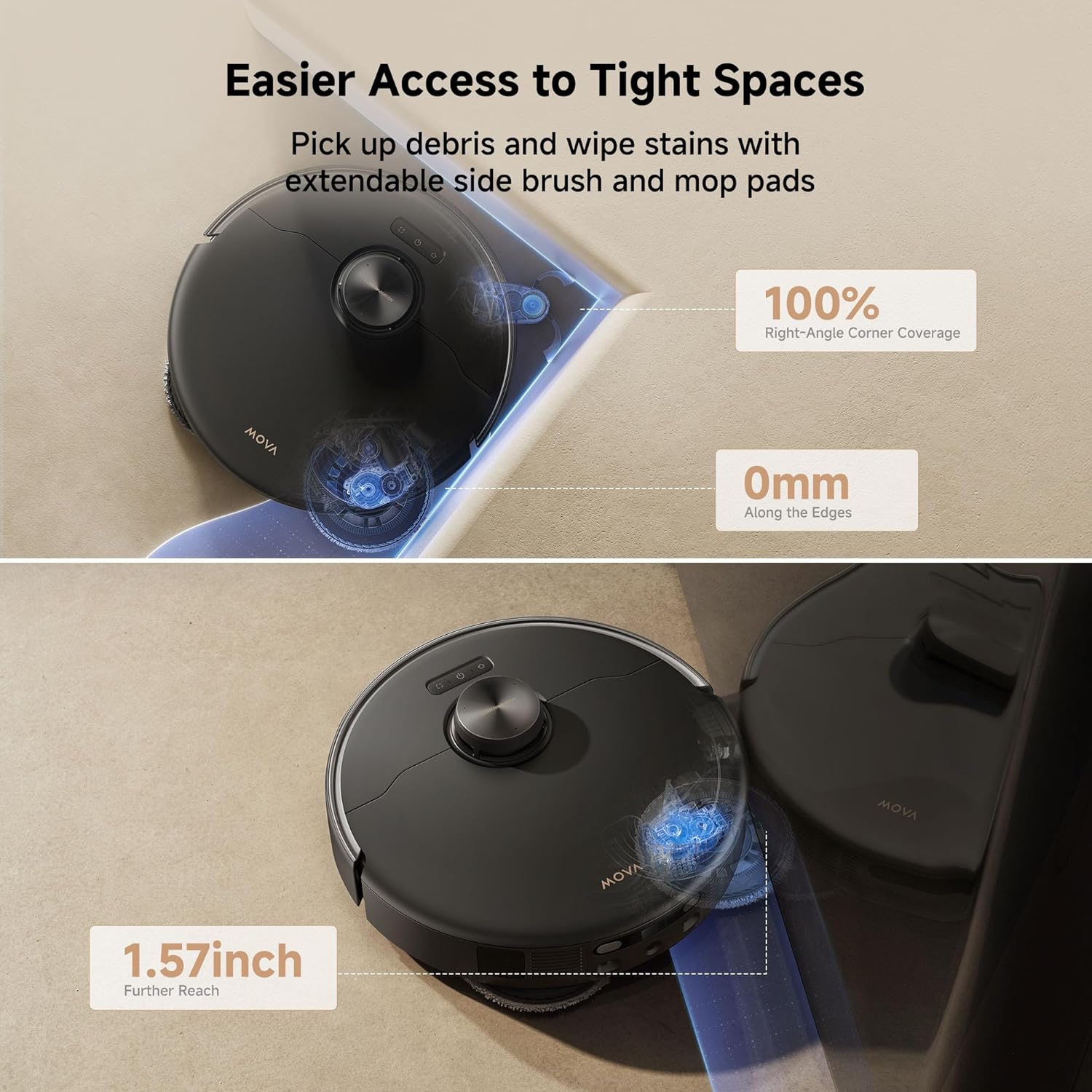 Aspirateur robot et vadrouille MoVA P50 Pro Ultra, vadrouille amovible automatique, aspiration de 19000 Pa, lavage automatique à l'eau chaude de 75