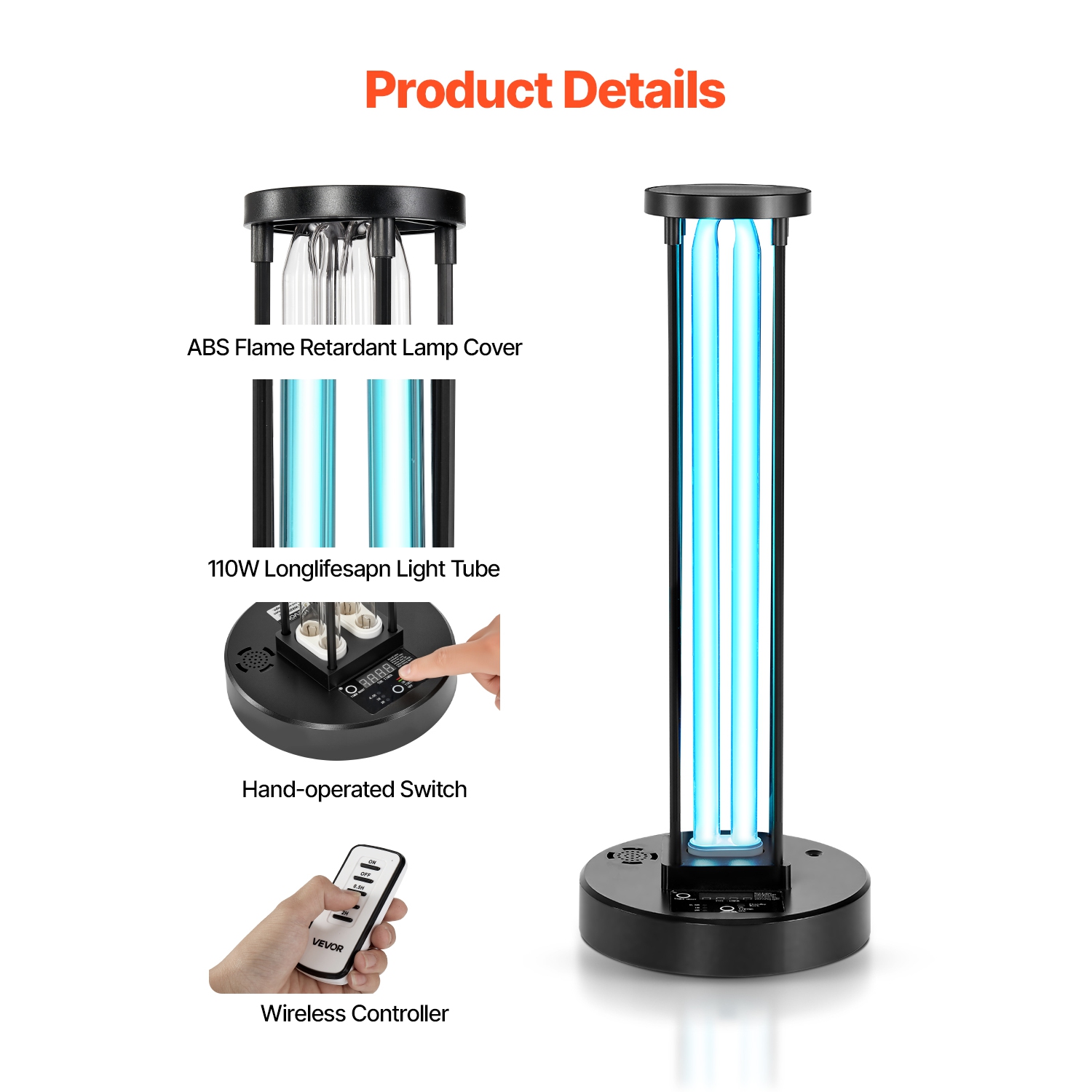 VEVOR 36W UV Light, Ultraviolet Lamp with Ozone Purifier, UVC Lamp with 30/60/120 Minutes 3-Gear Timer and Remote Control, for Room up to 400 sqft,