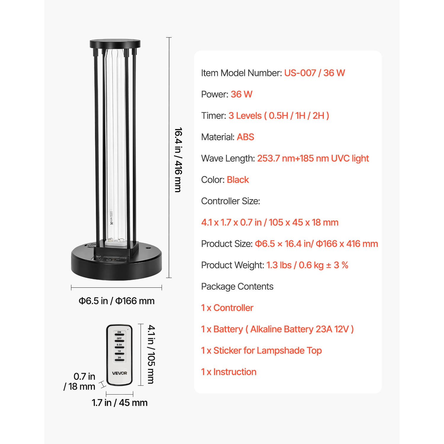 VEVOR 36W UV Light, Ultraviolet Lamp with Ozone Purifier, UVC Lamp with 30/60/120 Minutes 3-Gear Timer and Remote Control, for Room up to 400 sqft,
