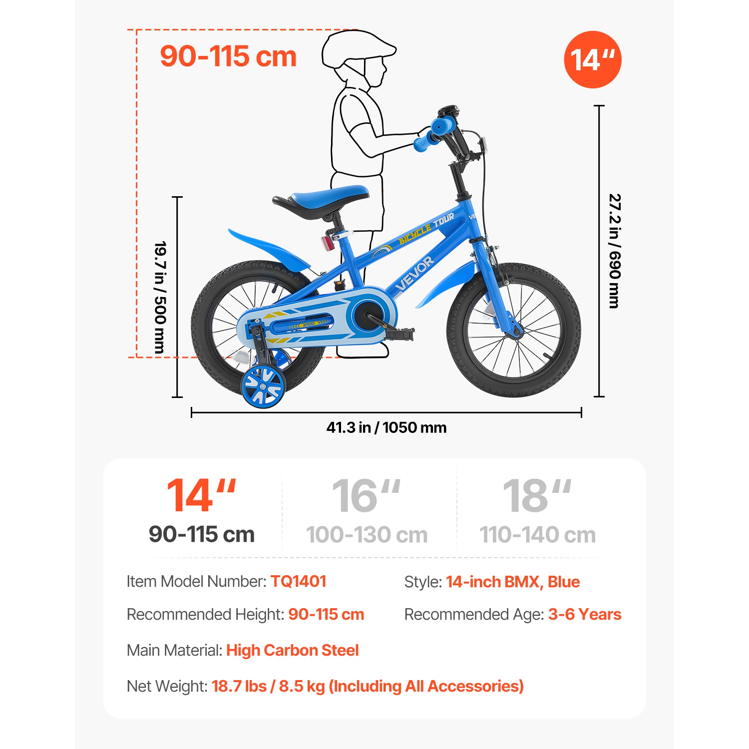VEVOR 14 Inches Kids Bike, BMX Style Children Bicycle, Rider Height 2.95 ft - 3.77 ft, Training Wheels Included, Sturdy and Easy to Assemble, Toddler