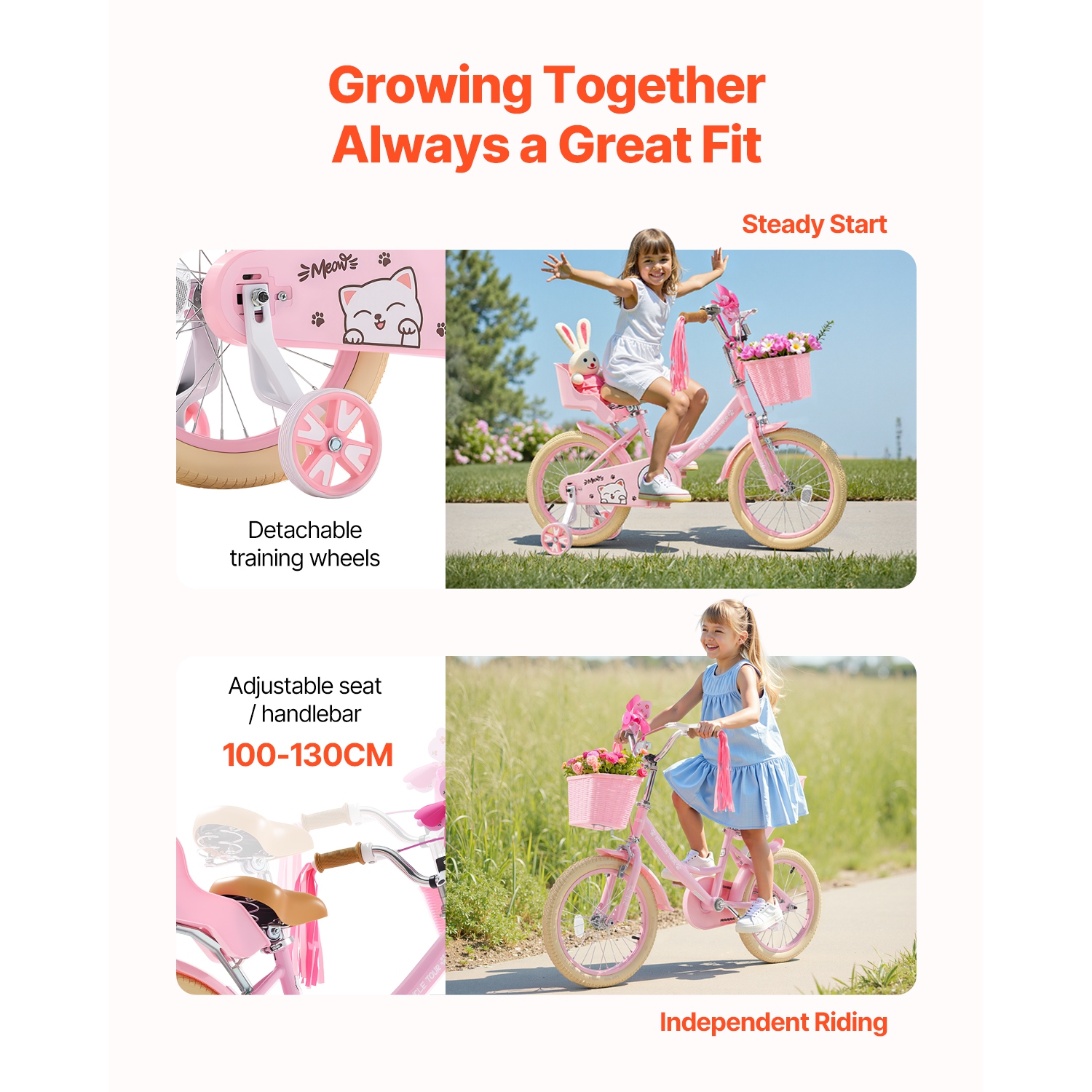 VEVOR 16 Inches Kids Bike, Princess Style Children Bicycle with Streamers & Basket, Rider Height 3.28 ft - 4.27 ft, Doll Seat & Training Wheels