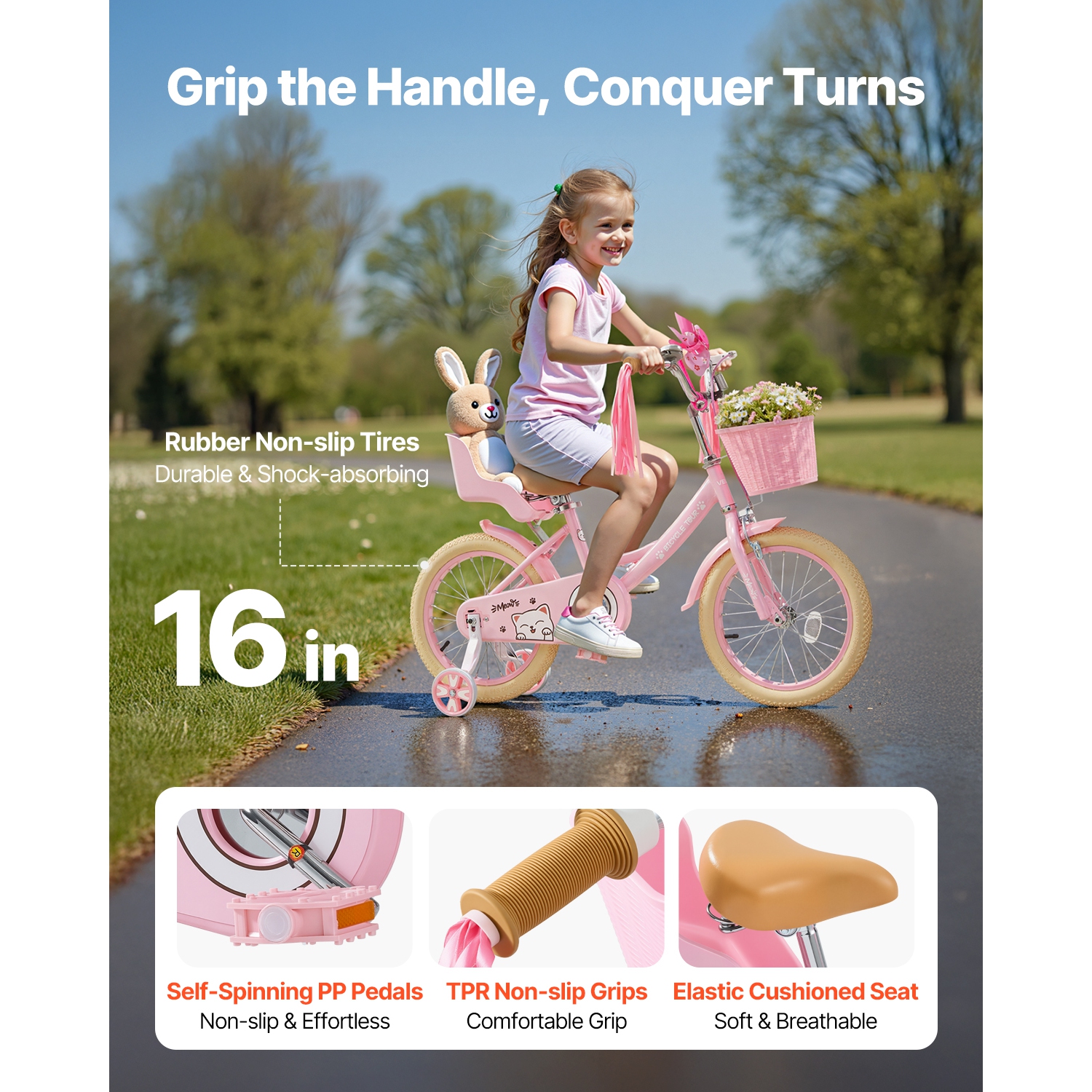 VEVOR 16 Inches Kids Bike, Princess Style Children Bicycle with Streamers & Basket, Rider Height 3.28 ft - 4.27 ft, Doll Seat & Training Wheels