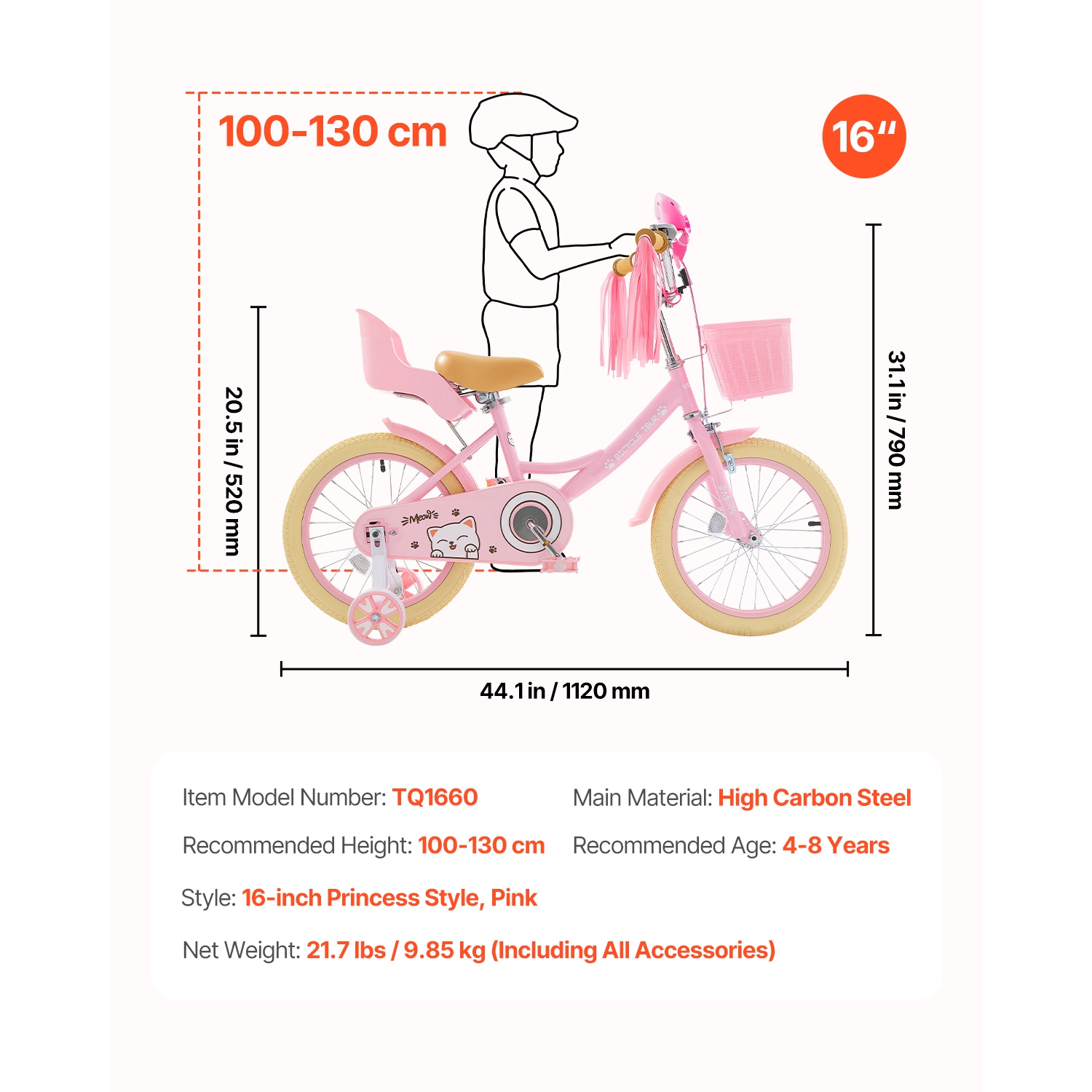 VEVOR 16 Inches Kids Bike, Princess Style Children Bicycle with Streamers & Basket, Rider Height 3.28 ft - 4.27 ft, Doll Seat & Training Wheels