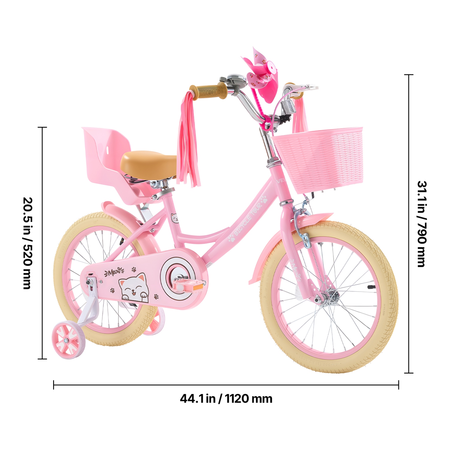 VEVOR 16 Inches Kids Bike, Princess Style Children Bicycle with Streamers & Basket, Rider Height 3.28 ft - 4.27 ft, Doll Seat & Training Wheels