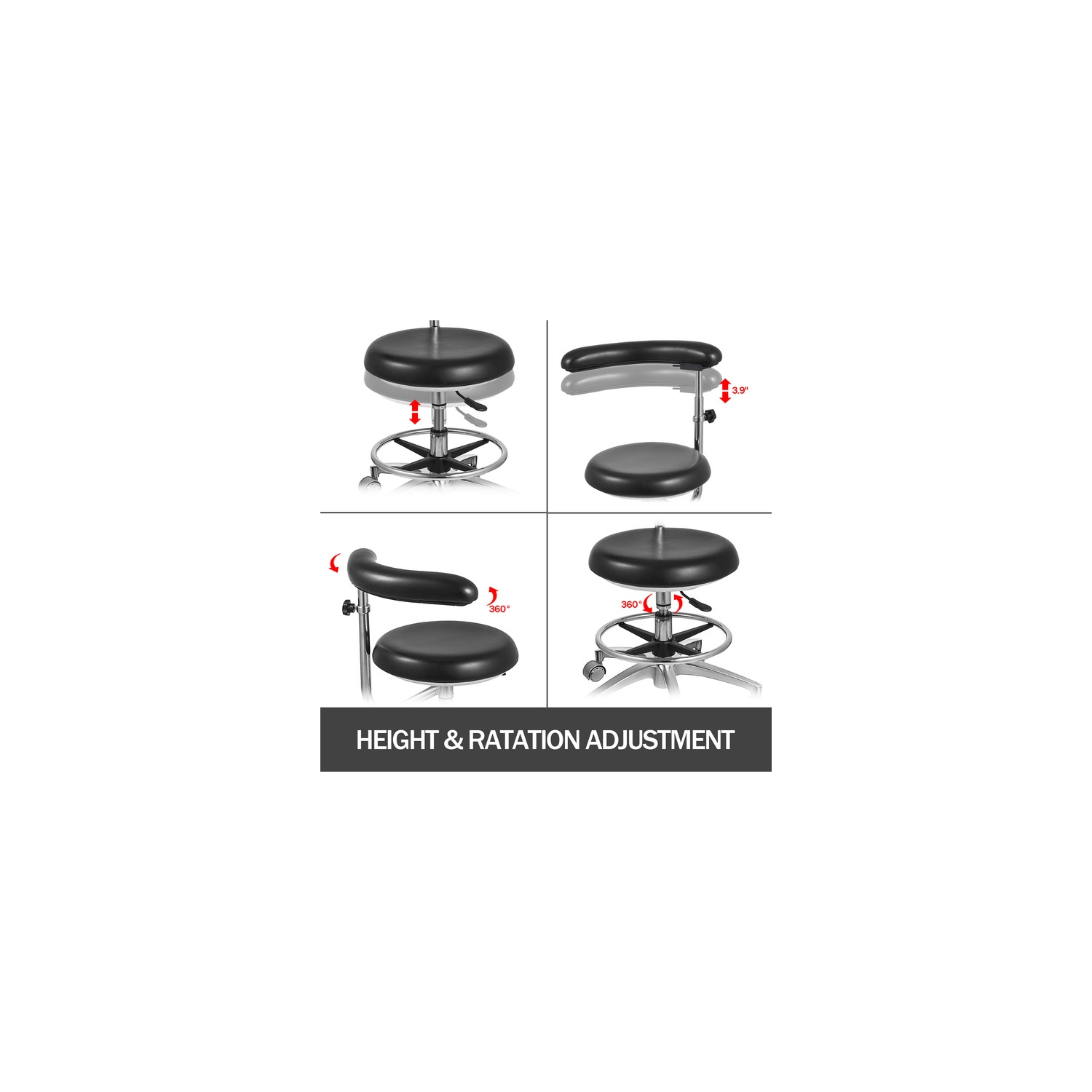 Fauteuil dentiste VEVOR Medical avec accoudoirs rotatifs 360 degrés, siège de médecin en cuir PU, hauteur réglable