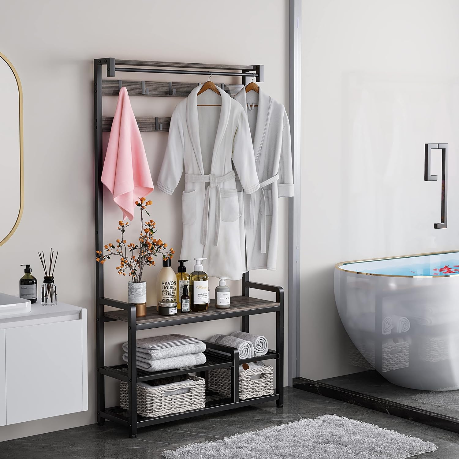 Mr IRONSTONE Coat Rack, Hall Tree with Shoe Bench 4-in-1 Entryway Shoe Rack with Detachable Shelf, Mudroom Garage Storage Organizer, 33.1" L x 11.8"