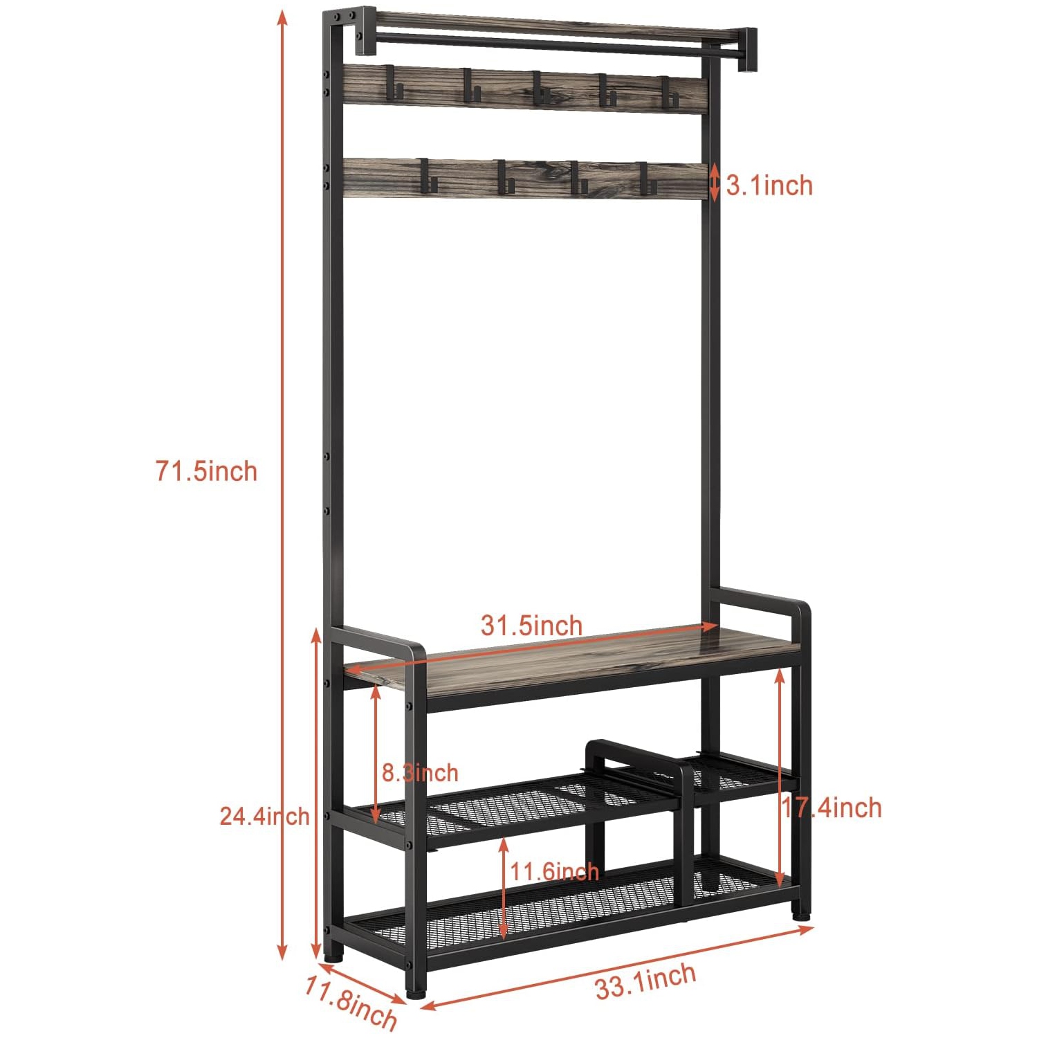 Mr IRONSTONE Coat Rack, Hall Tree with Shoe Bench 4-in-1 Entryway Shoe Rack with Detachable Shelf, Mudroom Garage Storage Organizer, 33.1" L x 11.8"