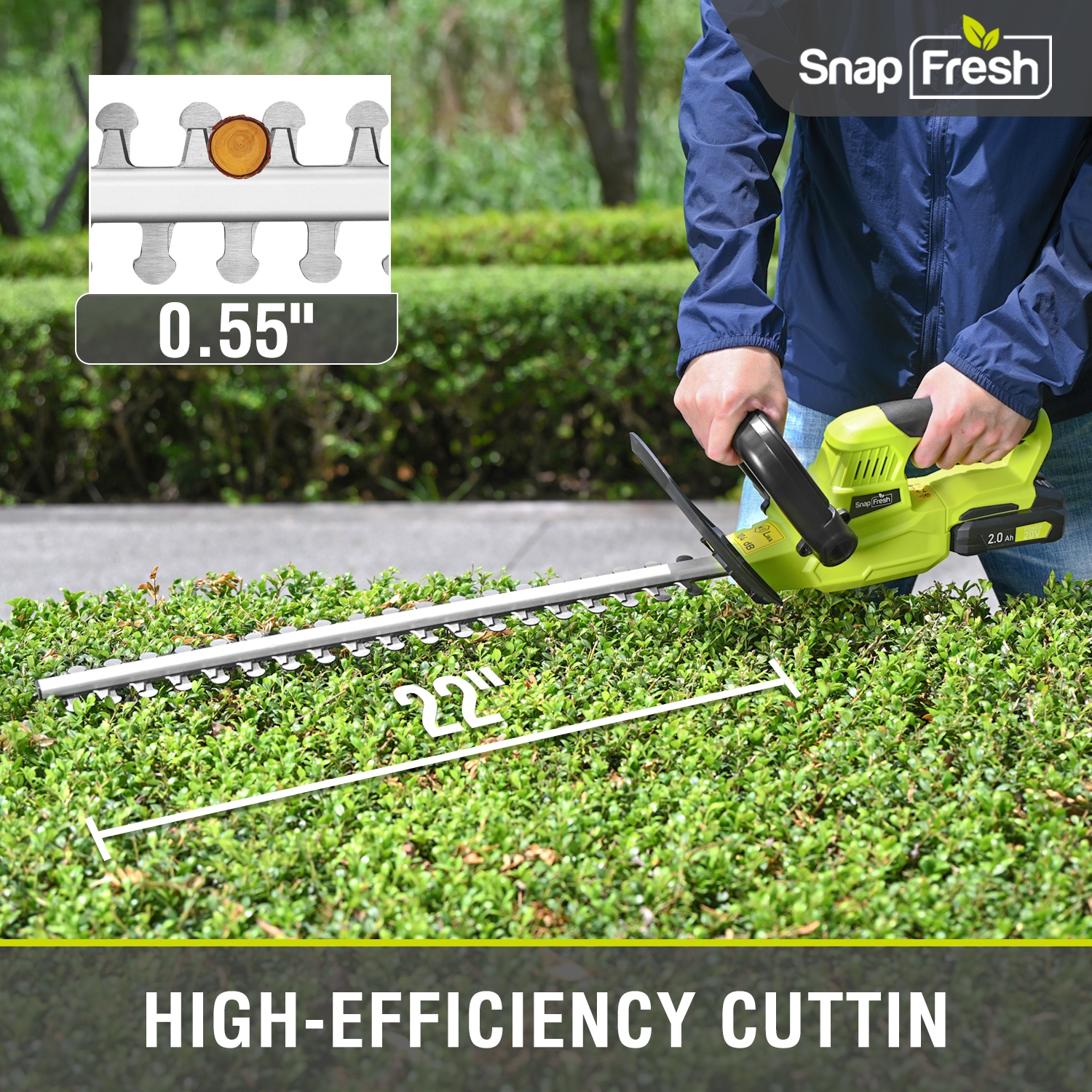 SnapFresh 20V Cordless Hedge Trimmer 22 Inch Dual Action Blade with 2.0Ah Battery and Fast Charger Included