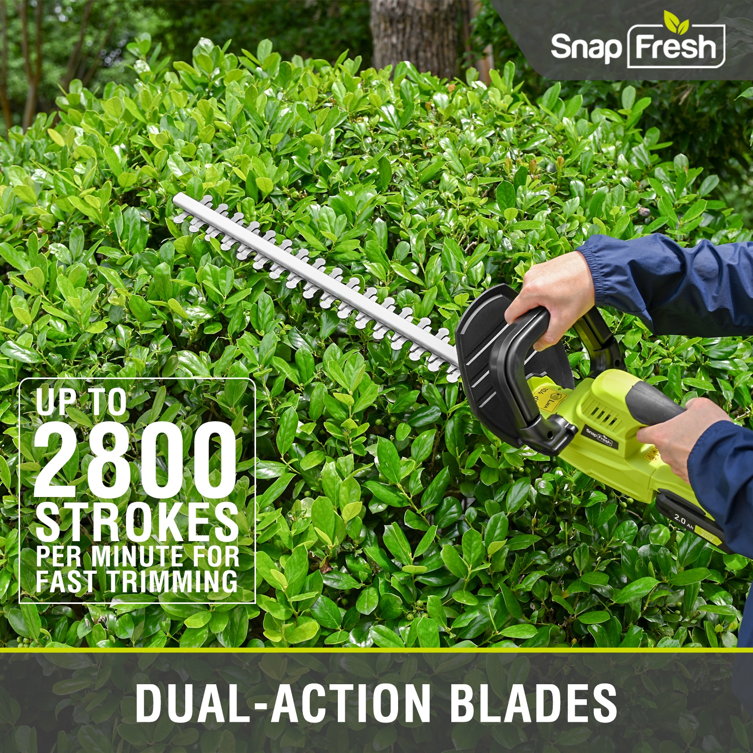 SnapFresh 20V Cordless Hedge Trimmer 22 Inch Dual Action Blade with 2.0Ah Battery and Fast Charger Included