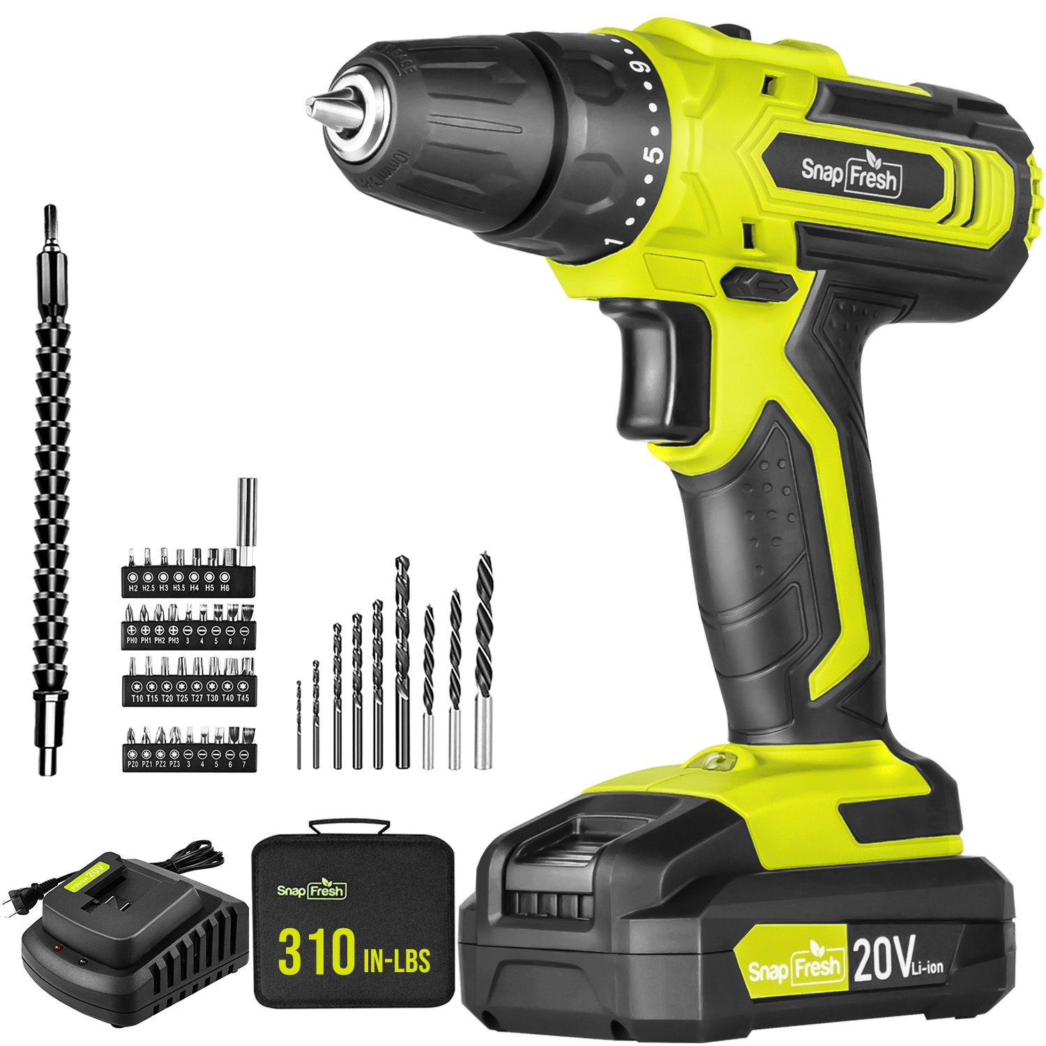 SnapFresh 20V Cordless Drill Set 3/8 Inch Power Drill with 2 Speeds 21+1 Torque LED 43 Piece Bit Kit 2.0Ah Battery and Fast Charger Included