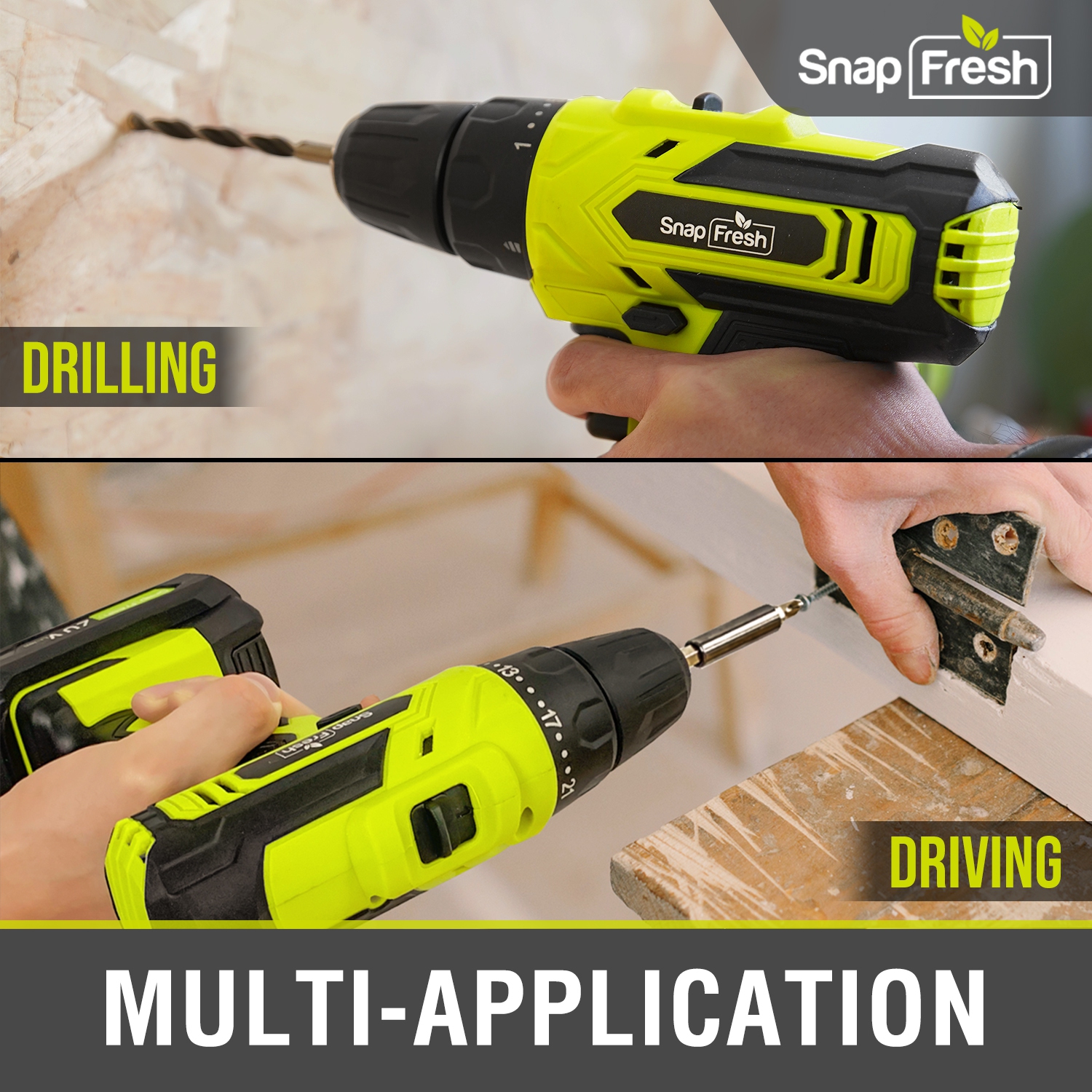 SnapFresh 20V Cordless Drill Set 3/8 Inch Power Drill with 2 Speeds 21+1 Torque LED 43 Piece Bit Kit 2.0Ah Battery and Fast Charger Included