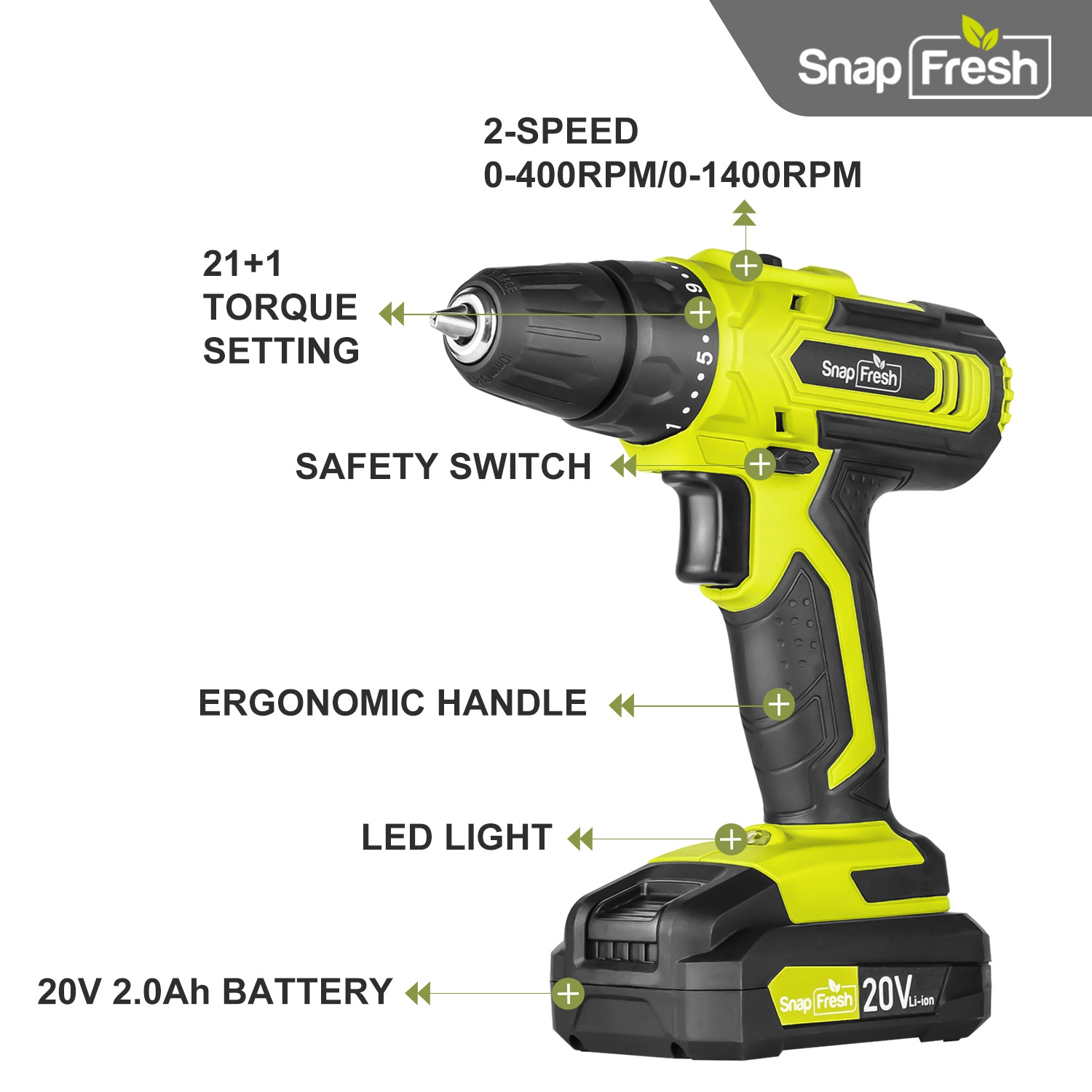 SnapFresh 20V Cordless Drill Set 3/8 Inch Power Drill with 2 Speeds 21+1 Torque LED 43 Piece Bit Kit 2.0Ah Battery and Fast Charger Included