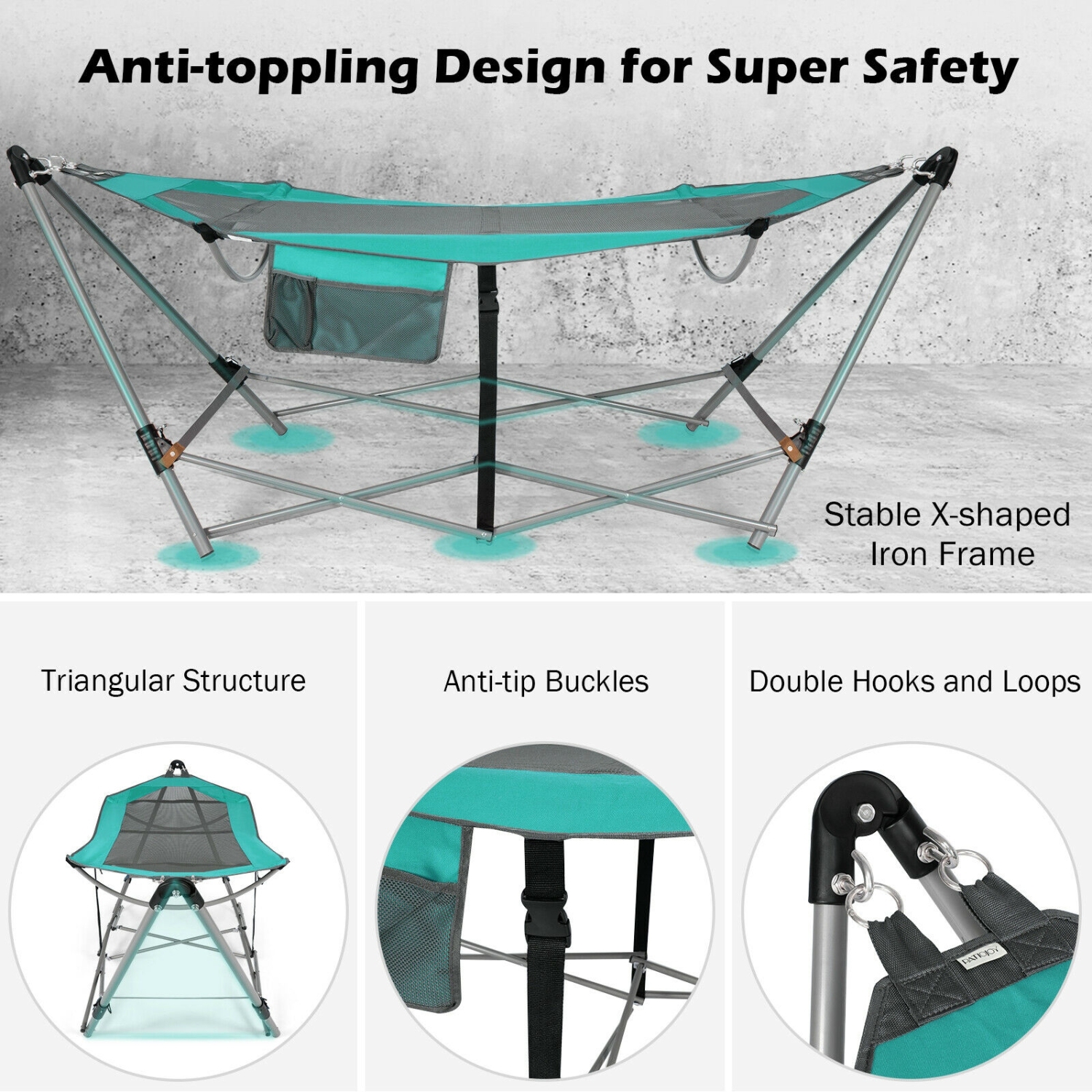 Indoor Outdoor Folding Hammock with Side Pocket and Iron Stand