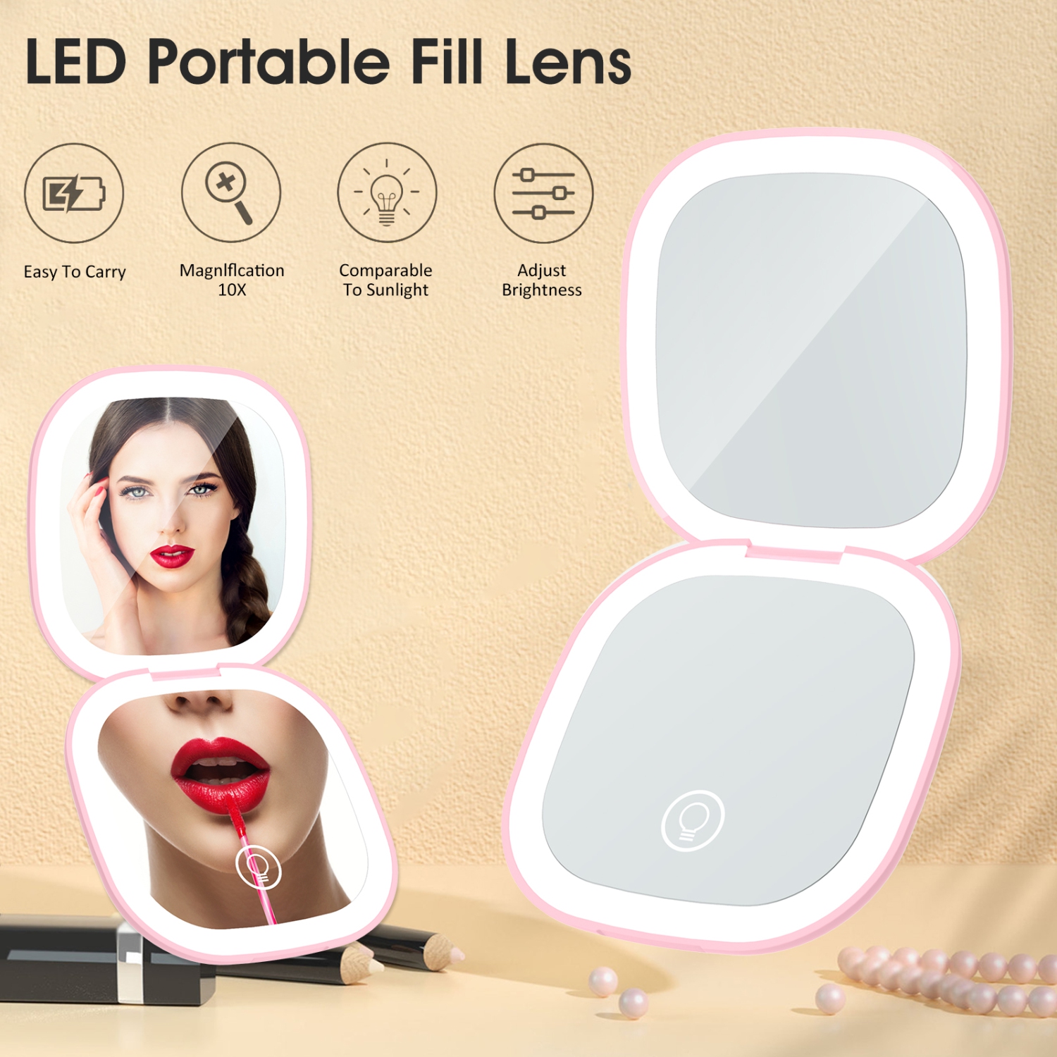 Miroir de maquillage portatif rechargeable LED agrandi 10X des deux côtés avec pile 400 mAh et luminosité réglable pour le voyage