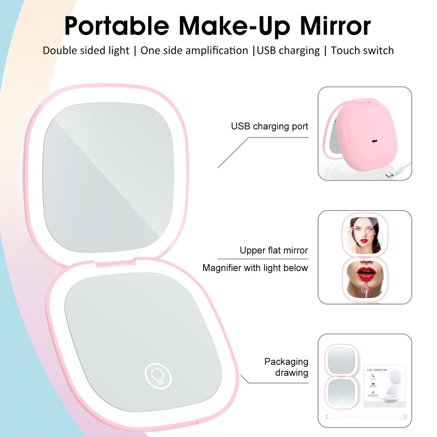Miroir de maquillage portatif rechargeable LED agrandi 10X des deux côtés avec pile 400 mAh et luminosité réglable pour le voyage
