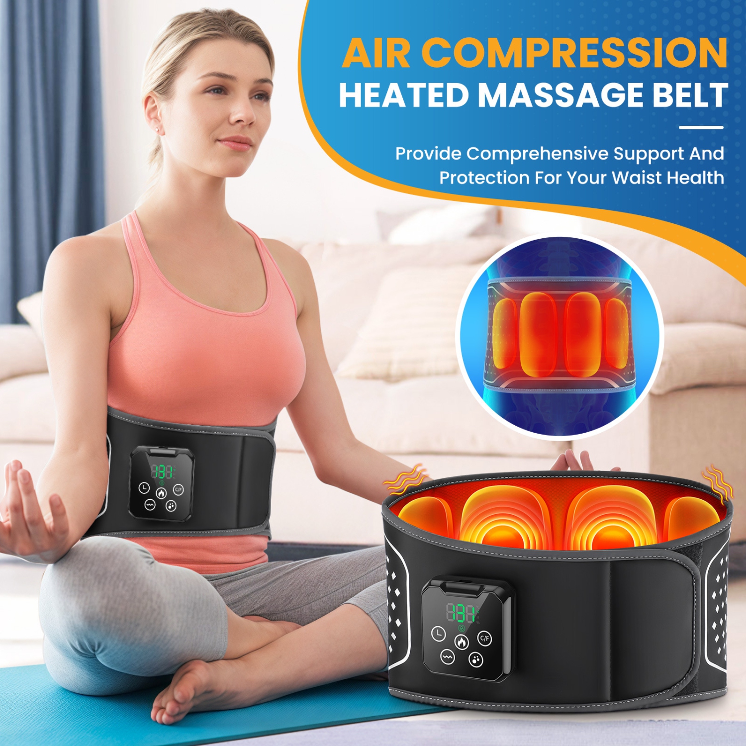 Cordless Heated Lower Back Massager,Inflatable Lumbar Belt for Pain Relief,Deep Tissue Air Compression & Vibration Therapy,Shiatsu Back Massager for
