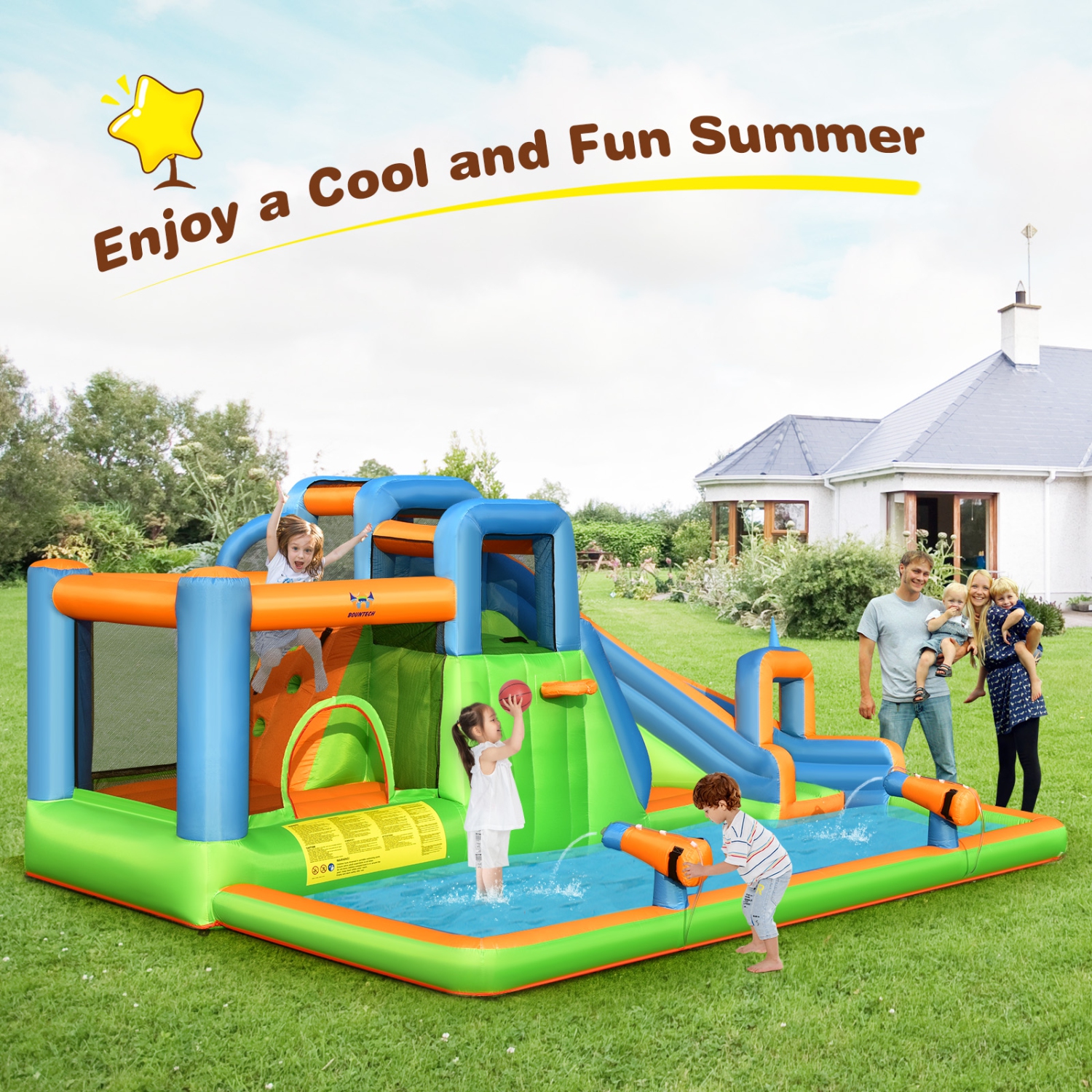 Costway 6 in 1 Inflatable Giant Kids Water Park Bounce House with Dual Climbing Walls 735W Blower included