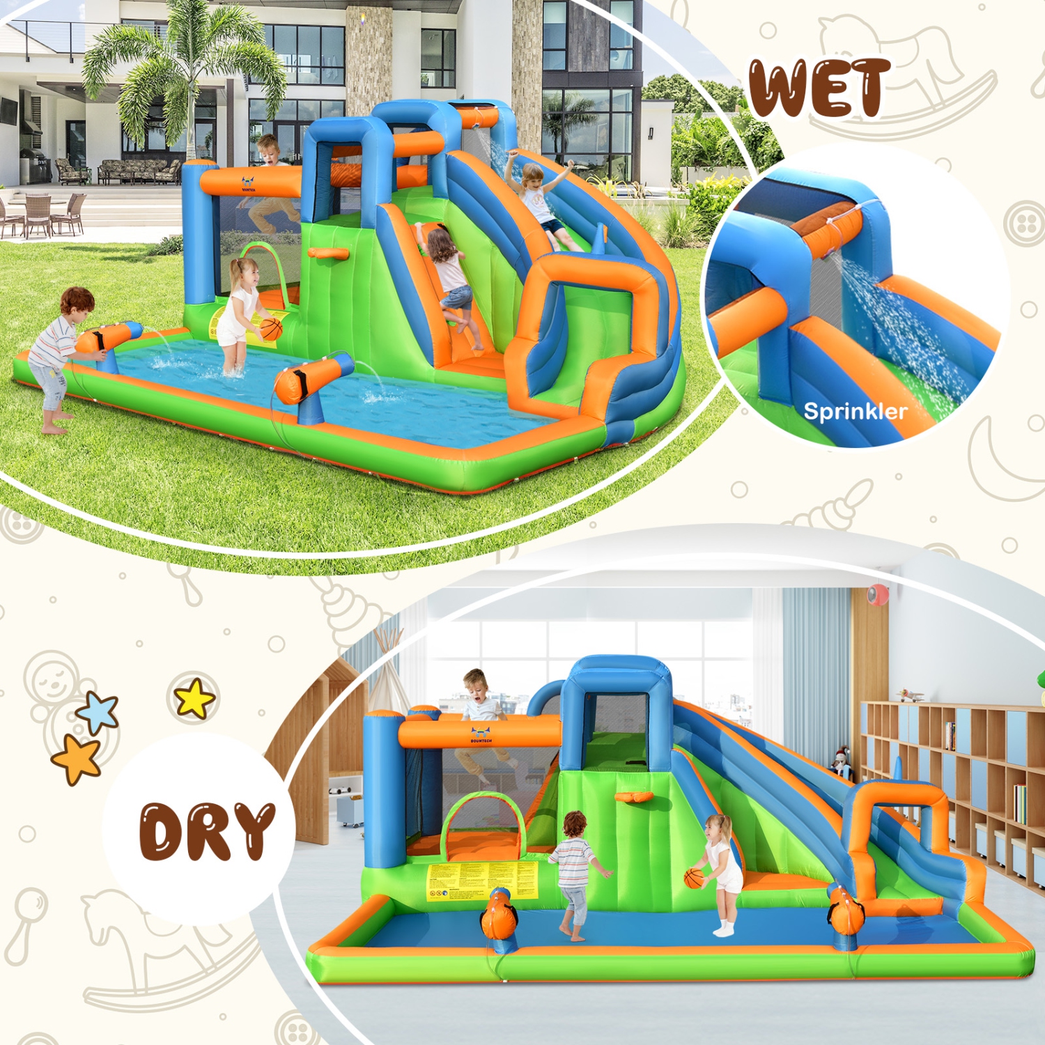 Costway 6 in 1 Inflatable Giant Kids Water Park Bounce House with Dual Climbing Walls 735W Blower included