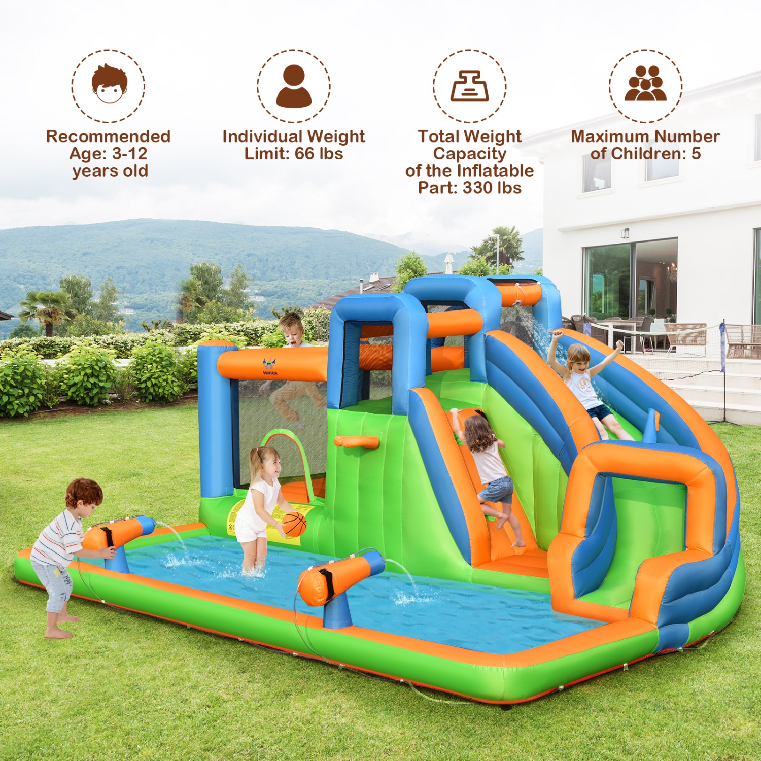 Costway 6 in 1 Inflatable Giant Kids Water Park Bounce House with Dual Climbing Walls 735W Blower included