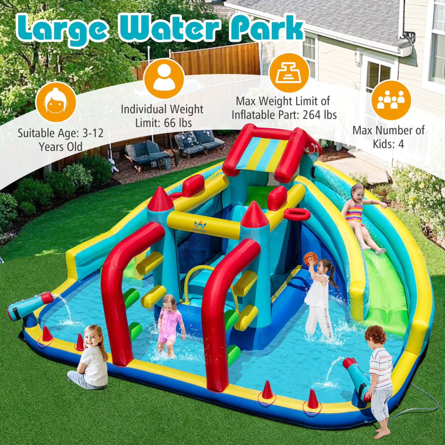 Costway Inflatable Water Park with Climbing Wall Splash Pool Water Cannons 750W Blower