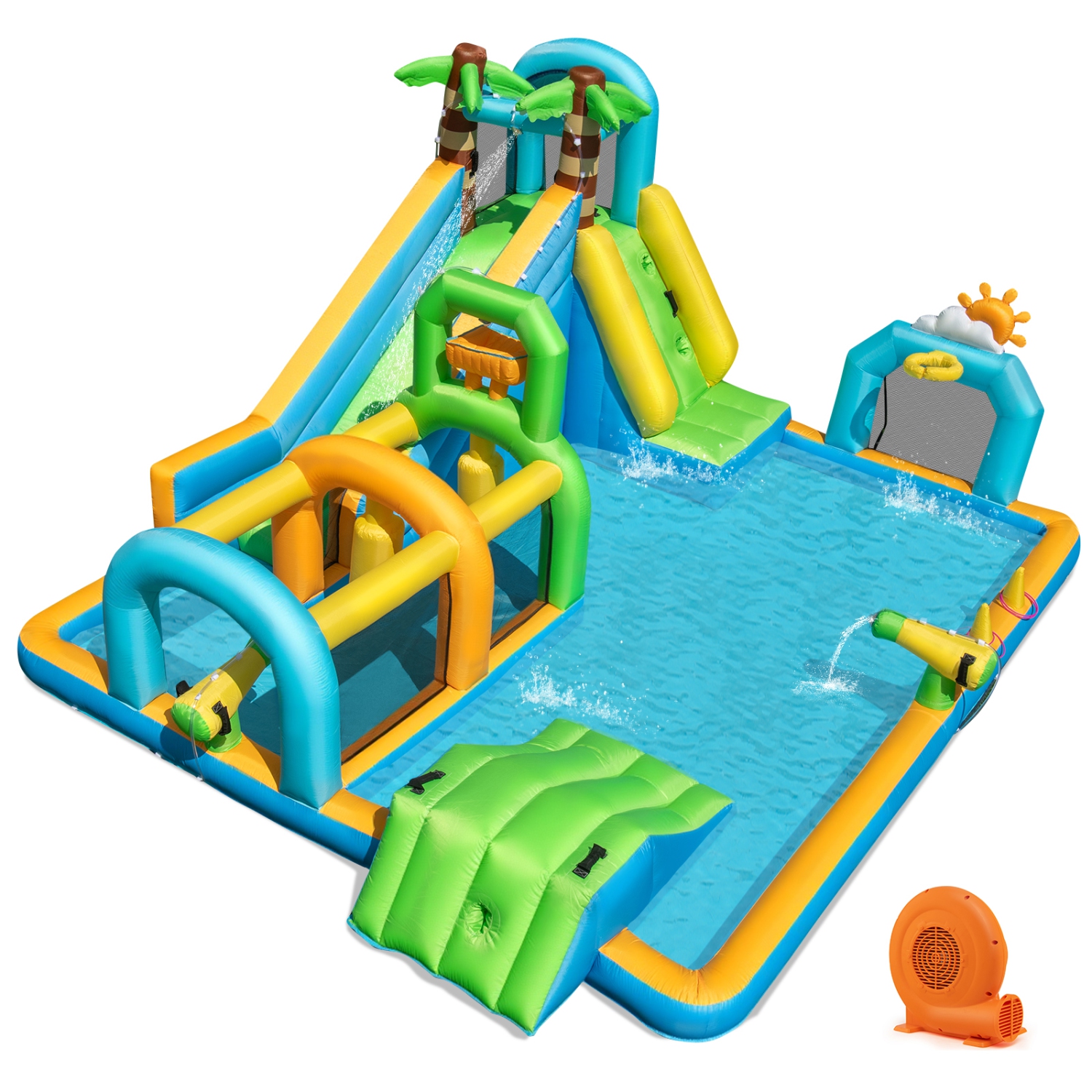 Parc aquatique gonflable avec panier de basketball mural d'escalade de Costway et souffleuse 750 W