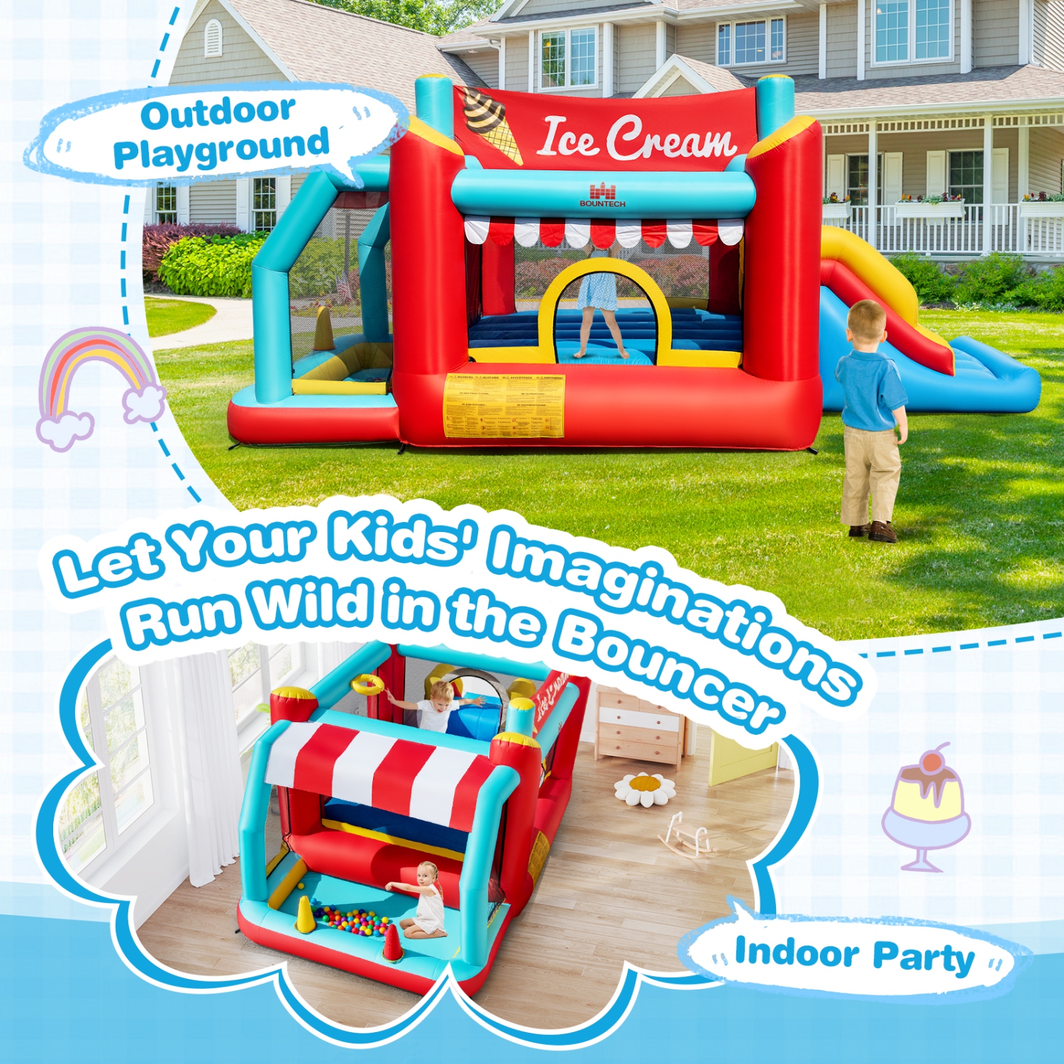 Château sauteur de crème glacée gonflable 5-en-1 Bounce House de Costway avec/sans souffleur 520&nbsp;W
