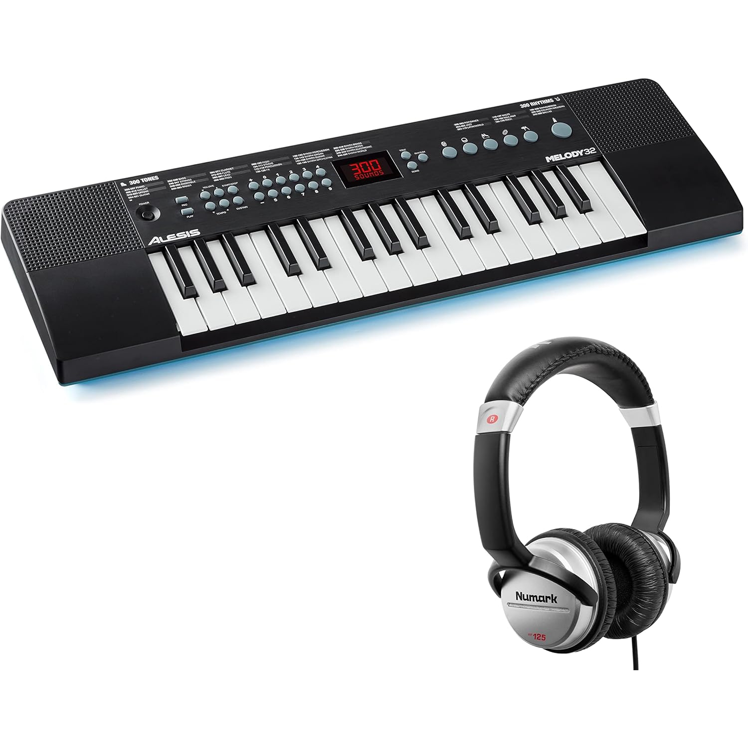 Alesis Melody 32 – Portable 32 Key Mini Digital Piano/Keyboard with Built-in Speakers + Numark HF125 - On-Ear Headphones with 6ft Cable